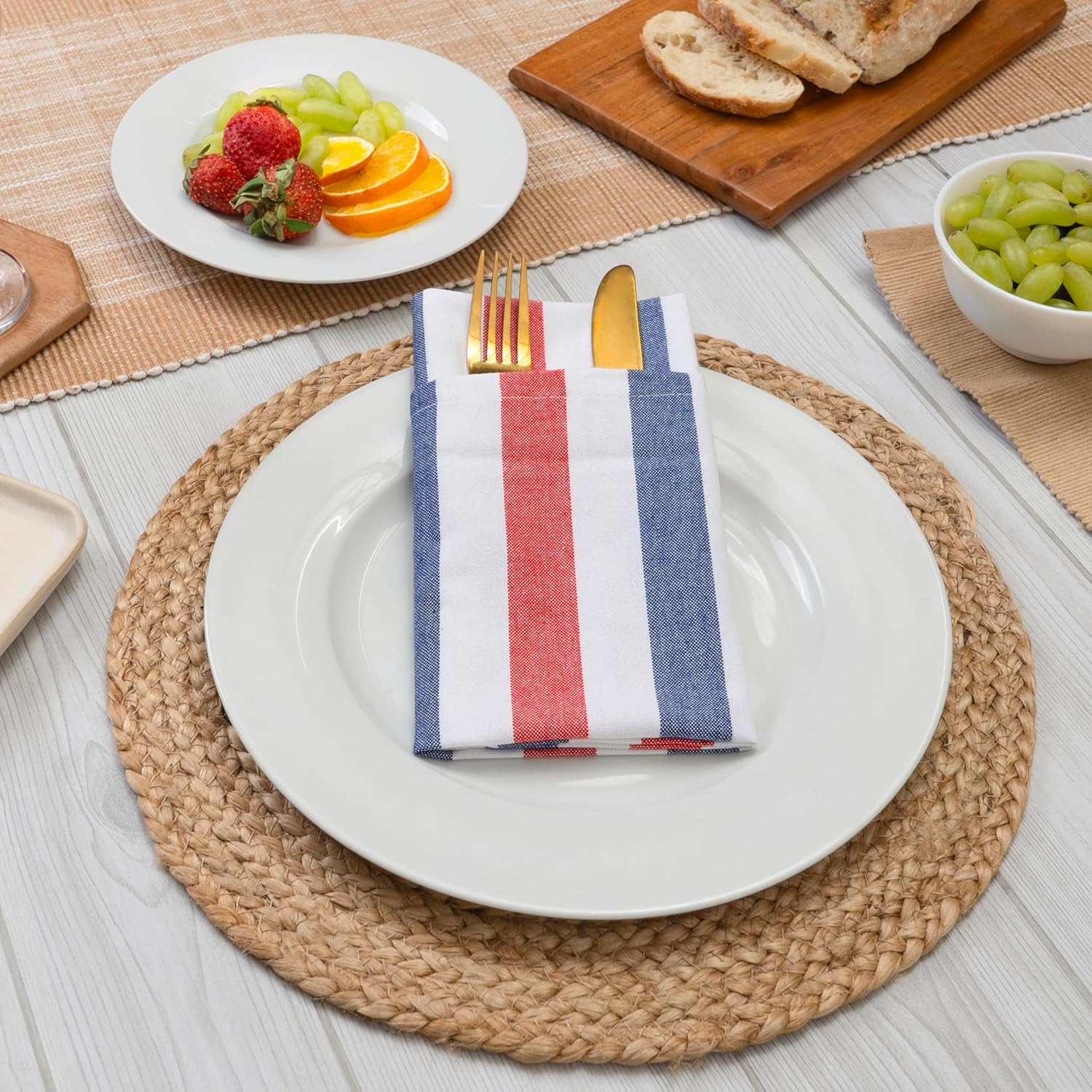 Blue Needles 4th of July Striped Napkins - 100% Cotton Set of 12 Stripes Red Blue White 18x18 Inches Dinner Table Napkins, Soft, Reusable & Washable Patriotic Decor Tabletop Collection Supplies