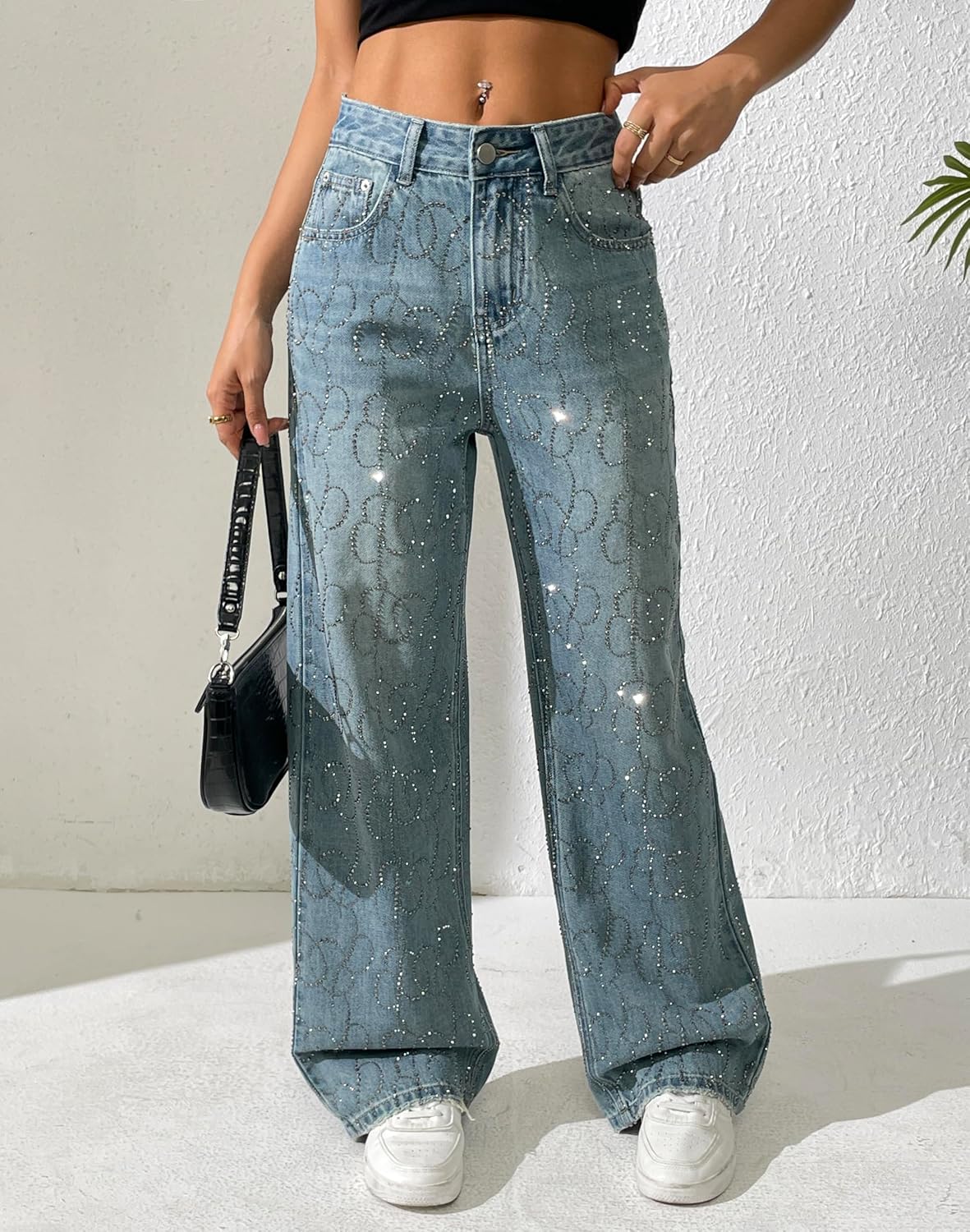 heipeiwa Women's Rhinestone Jeans Wide Leg Baggy Denim Pants High Waist Sparkle Shiny Sequin Trouser - Image 3