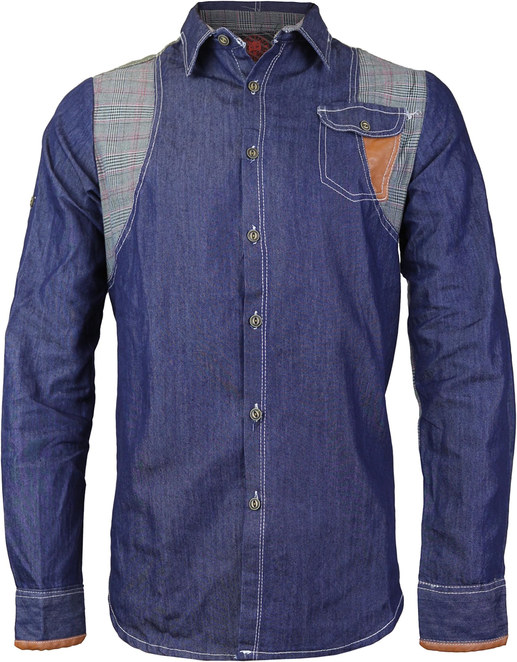 platini Men's Multi Tone Patch Checkered Casual Button up Dress Shirt (Medium, Blue)
