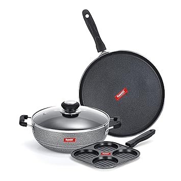 Sumeet NonStick Kelabu Cookware Set (Dosa Tawa - 26.5Cm Dia + Kadhai with Glass Lid -2Ltr - 22Cm Dia + Mini Multi Snack Maker - 4 Cavity -19.5cm)
