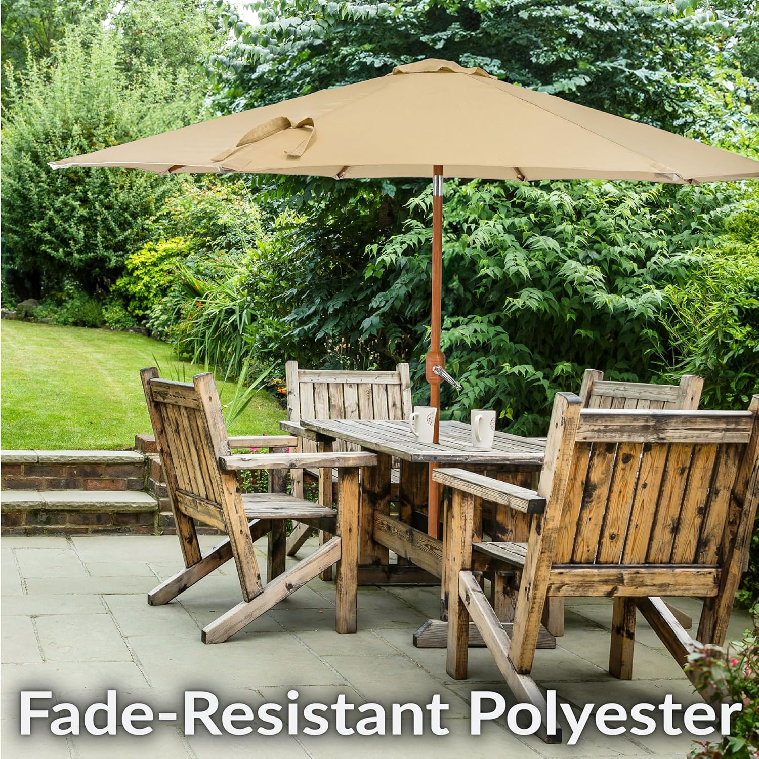 Sunnydaze 8.5 ft Outdoor Patio Umbrella with Push Button Tilt and Crank - Faux Woodgrain Finish - Large Vented Market Umbrella