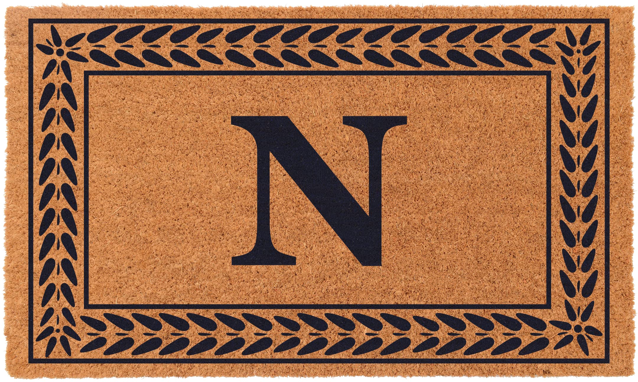 COCO MATS 'N MOREBlue Leafy Vines Bordered Monogrammed Coco Doormat 22" x 36" with Vinyl Backing