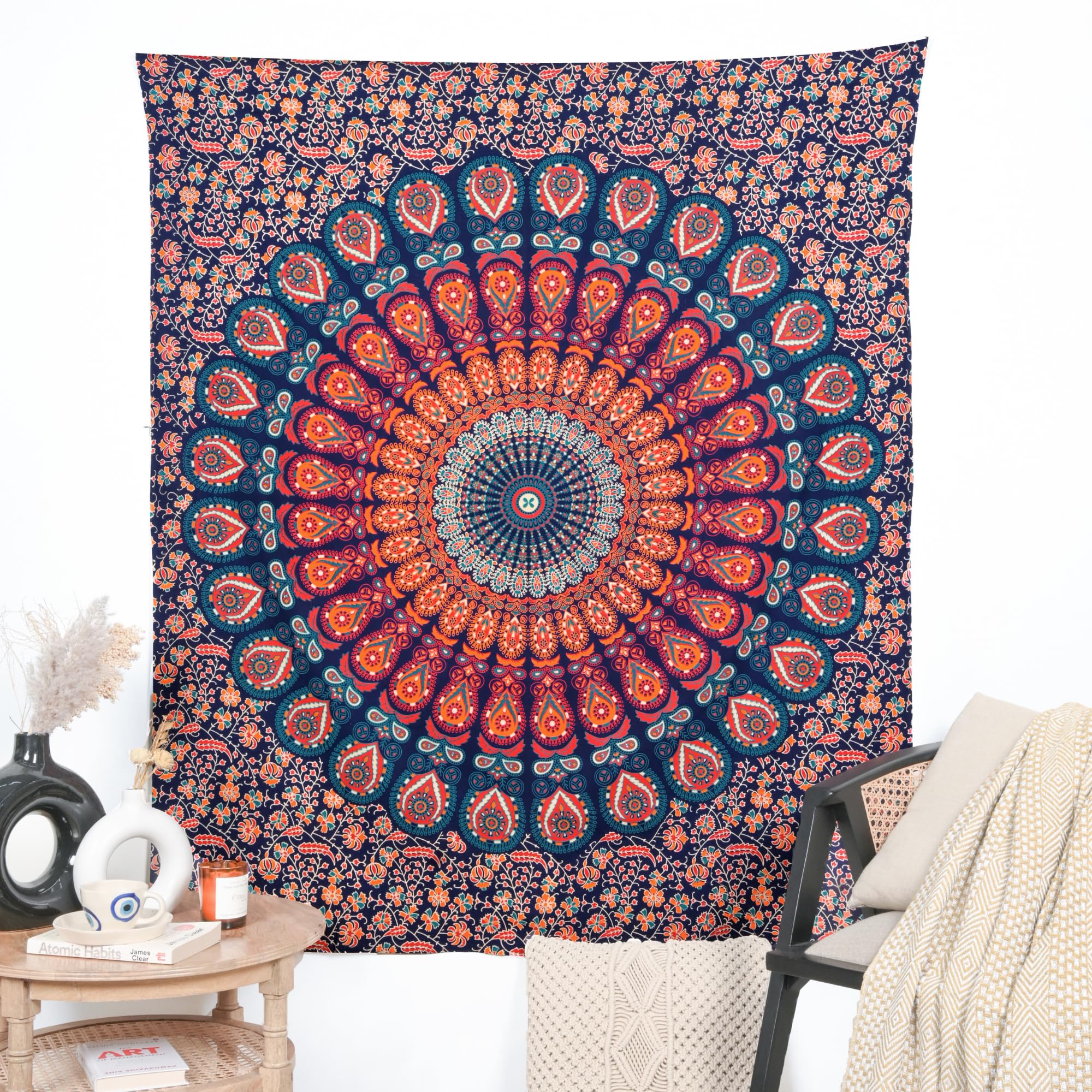 RAJRANG Peacock Mandala Cotton Tapestry | Golden Blue Wall Hanging for Meditation, Bedroom, Living Room Decor 76x102 cm
