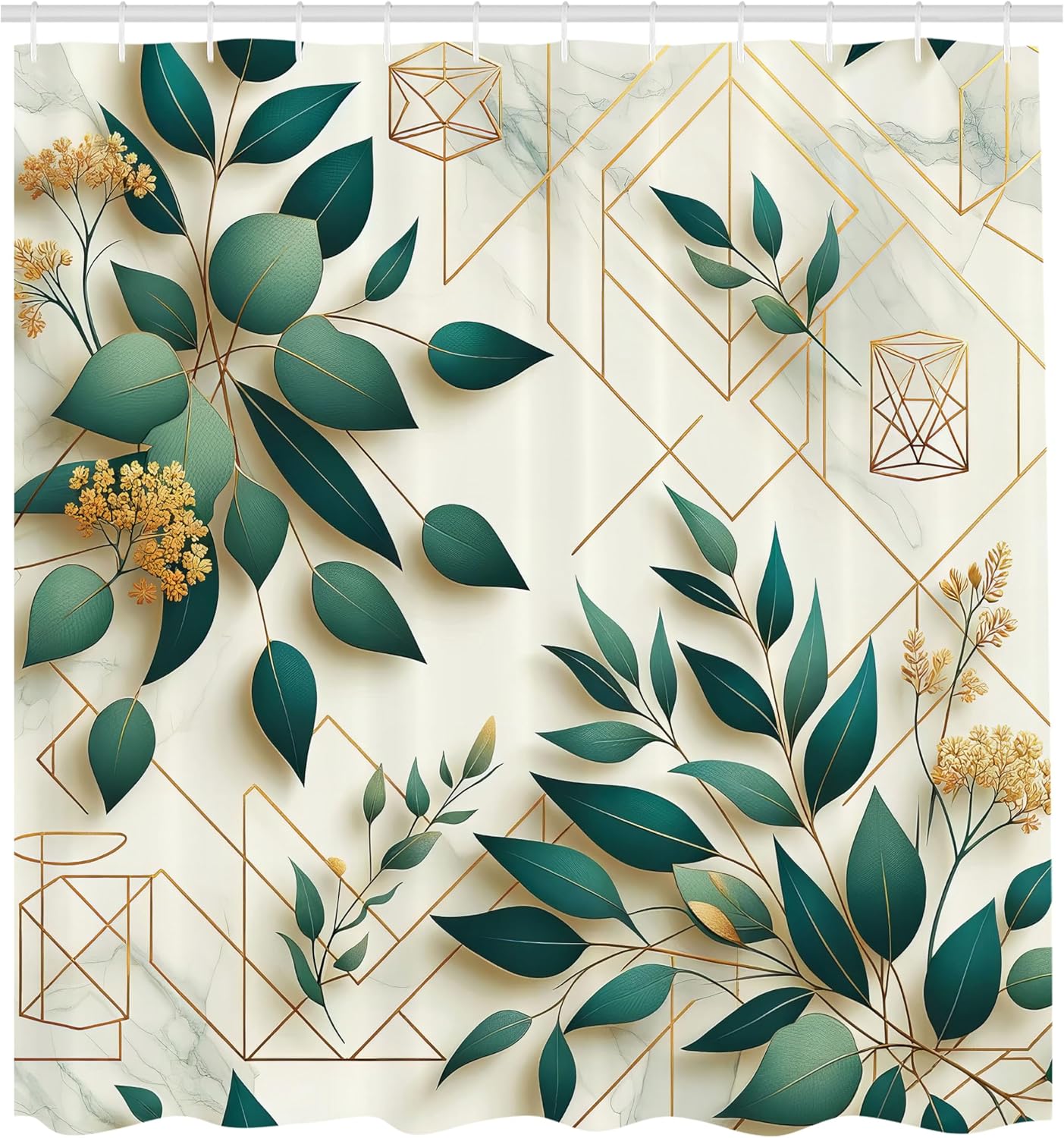 Ambesonne Eucalyptus Leaves Shower Curtain, Modern Minimal Polygonal Shapes Autumn Blooms with Leaf Art, Cloth Fabric Bathroom Decor Set with Hooks, 69" W x 84" L, Dark Teal Amber Ivory