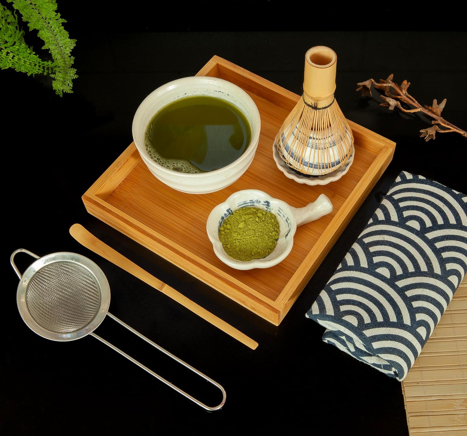 Unique Matcha Set: 9 pieces set, A Ceremonial Grade Kit For Matcha With 2 Thick Glazed Dark Blue Hand Painted bowls. Bamboo Whisk, Scoop, Strainer, Table Runner, chop stand, dish bottle. (Fuji Blue) image 3
