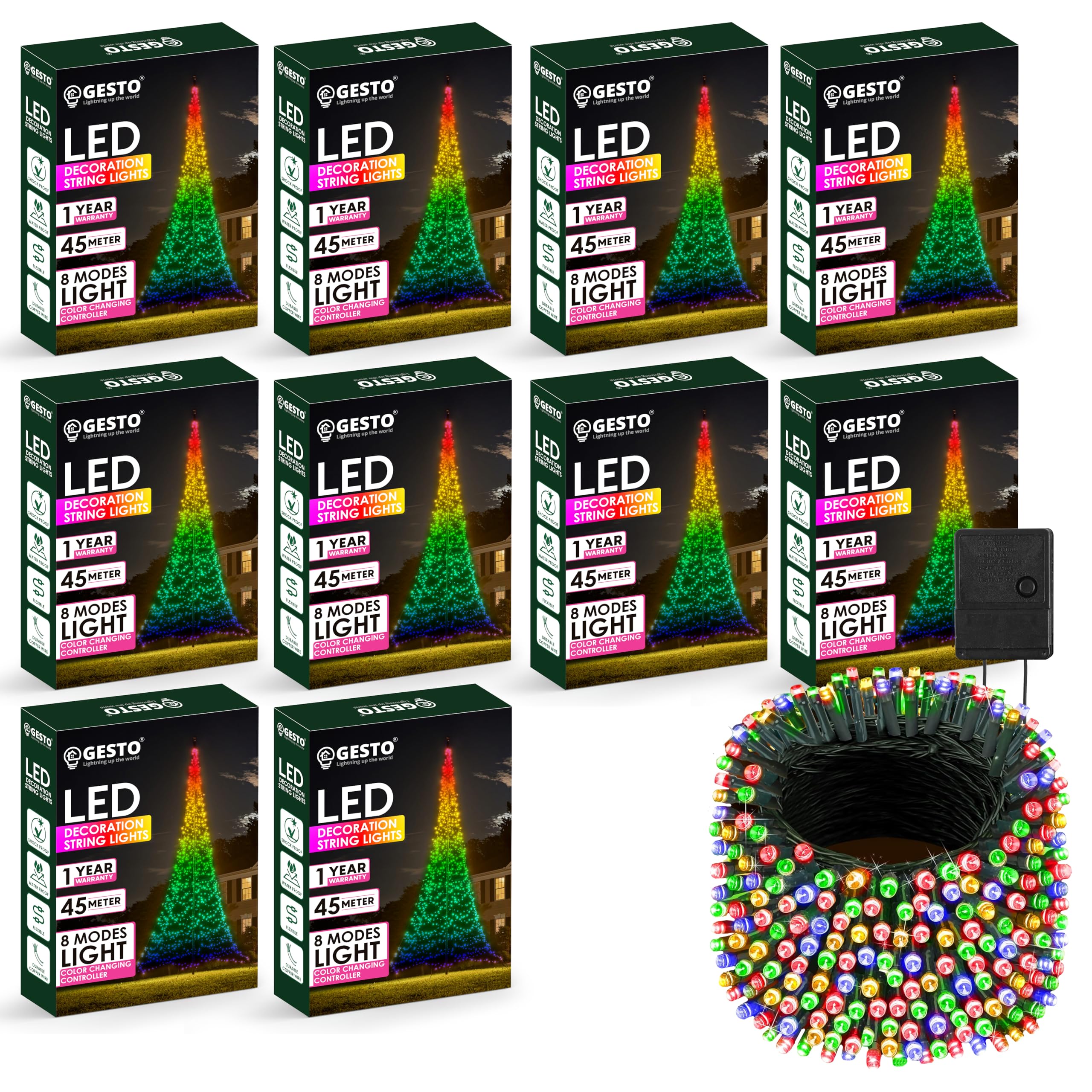 Gesto Multicolor Serial String Led Light with 8 Modes Changing Controller - Waterproof Serial Lights for Decoration Long | for Home,Diwali Decoration, Christmas,Patio Garden(45 Meter | Pack of 10) (B09H7MP562) Amazon Price History, Amazon Price Tracker