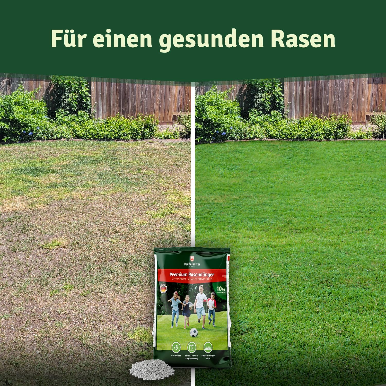 Veddelholzer Garten starker mineralischer Rasendünger mit 3 Monaten Langzeitwirkung ideal für Frühjahr und Sommer NPK 15+5+8 (+3), staubarmes Granulat, Langzeitdünger Rasen Dünger