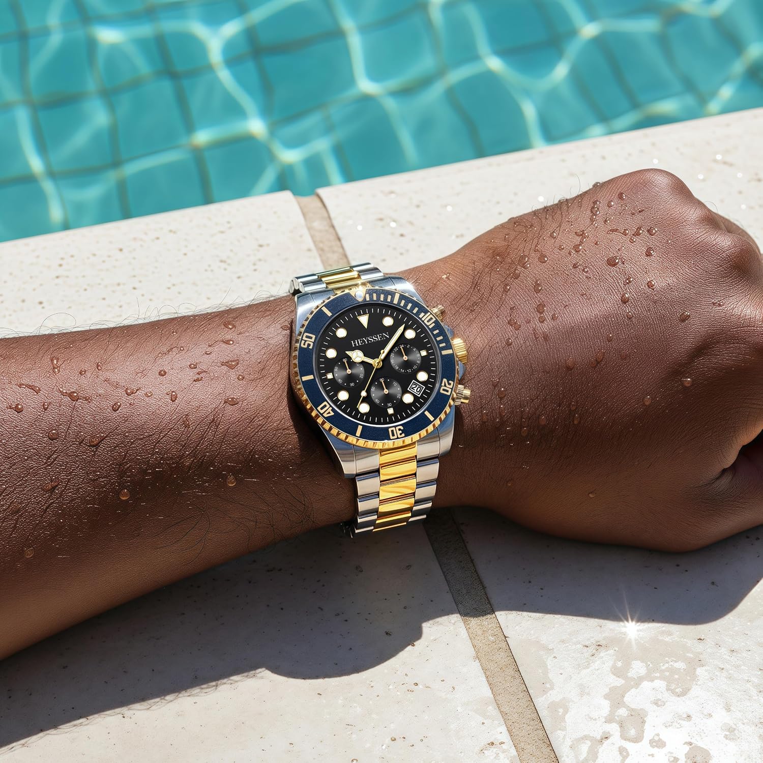 Watches For Men Quartz Stainless Steel: Dress Watch For Mens Wrist Luxury Gold And Silver Metal Two Tone Black Dial Big Analog Classic Diver Waterproof Chronograph Green Face Business Man Gift