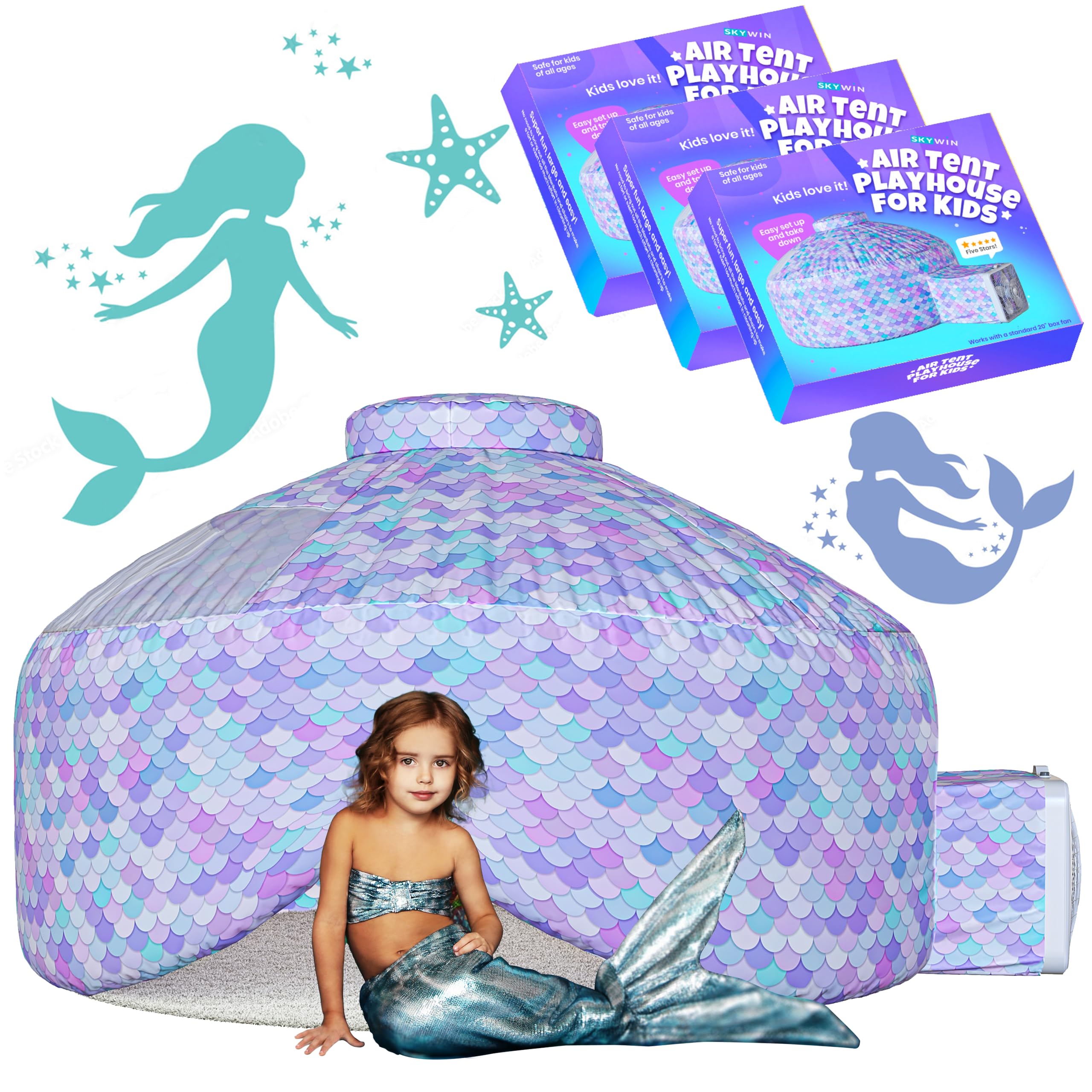Skywin Air Tent Kids Fort Playhouse Fan Tent (Mermaid) - 3 Pack Improved Inflatable Fort Sets Up and Stores Away in Seconds (Fan NOT Included)