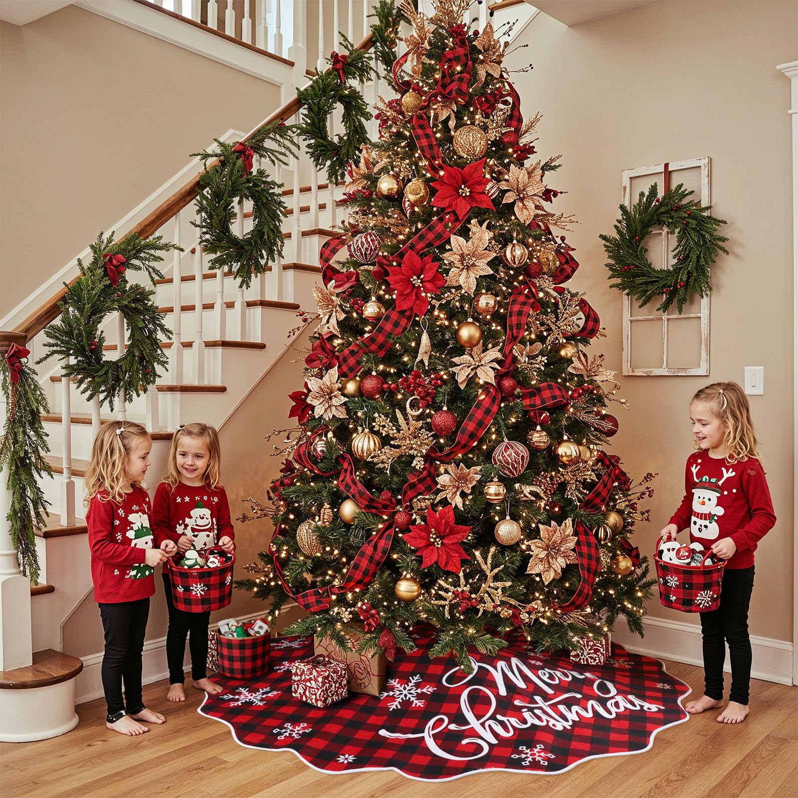 Jupe de sapin de Noël de 183 cm, jupe de sapin en toile de jute pour arbre de 2,1 m à 3,4 m, jupe de sapin double face à carreaux de buffle pour arbre moyen