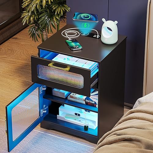 Gurexl Mesita de noche LED con estación de carga inalámbrica, mesita de noche regulable de 3 colores con función de control de voz, mesita de noche