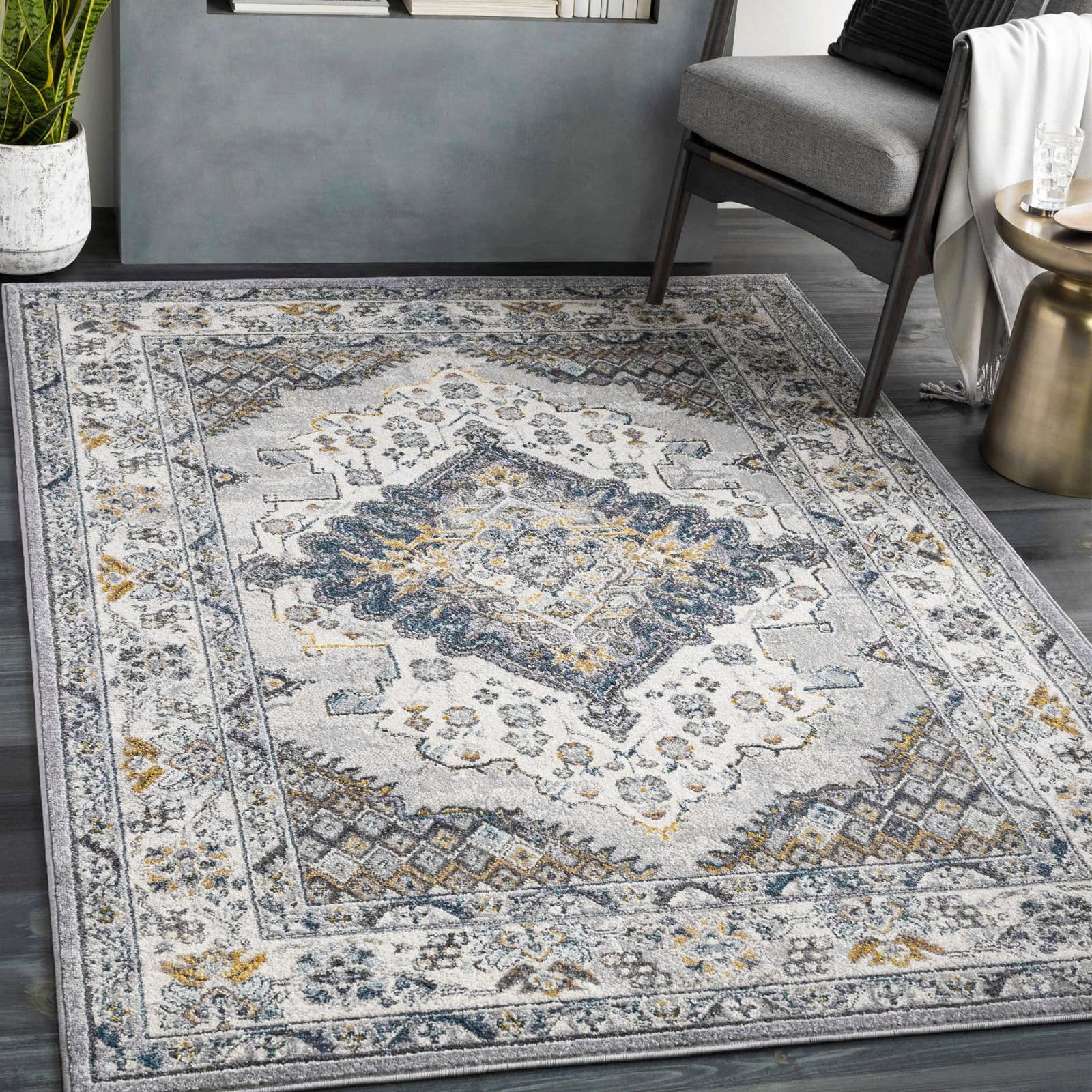 Tapis de salon moderne vintage gris et jaune fleurs de 120 x 150 cm