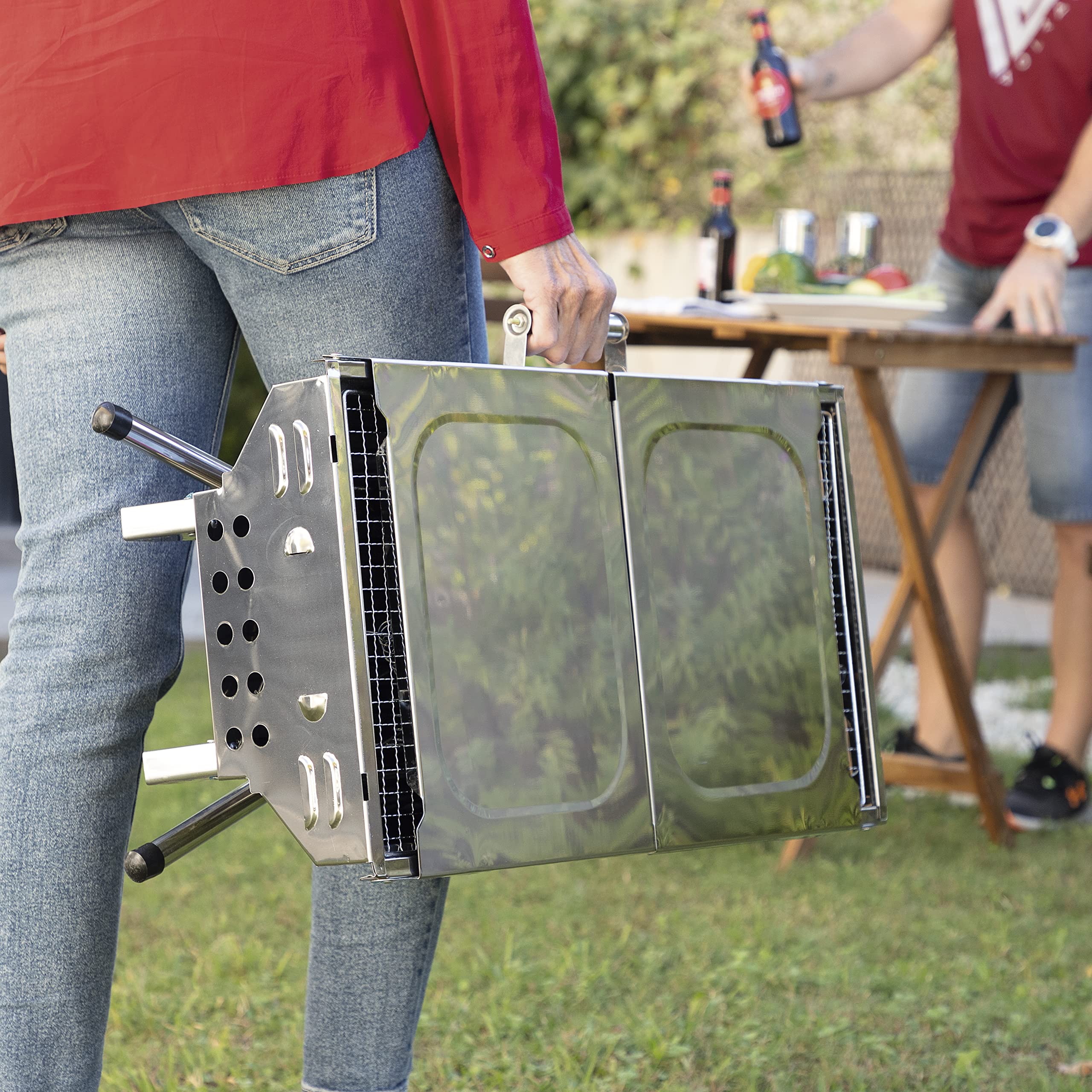InnovaGoods® Zusammenklappbarer Holzkohlegrill aus Edelstahl, Tragbar, Leicht zu reinigen, ideal für Picknicks, Camping, Garten, Strand. Rostfreier Stahl.