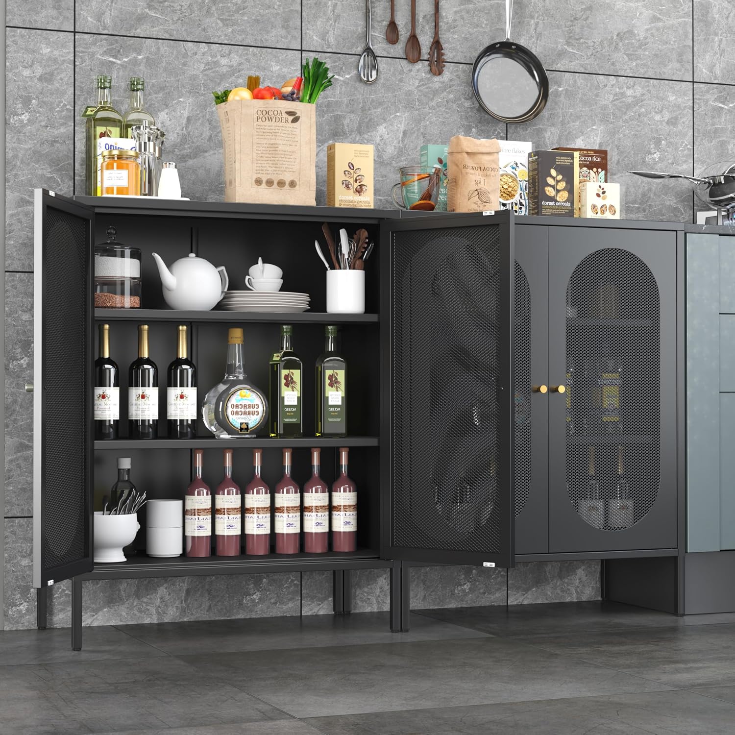 2 Mesh Door Metal Storage Cabinet for Living Room,Home,Hotel,Office,Garage,Kitchen,3-Tier,2 Removable Shelves. (Black)