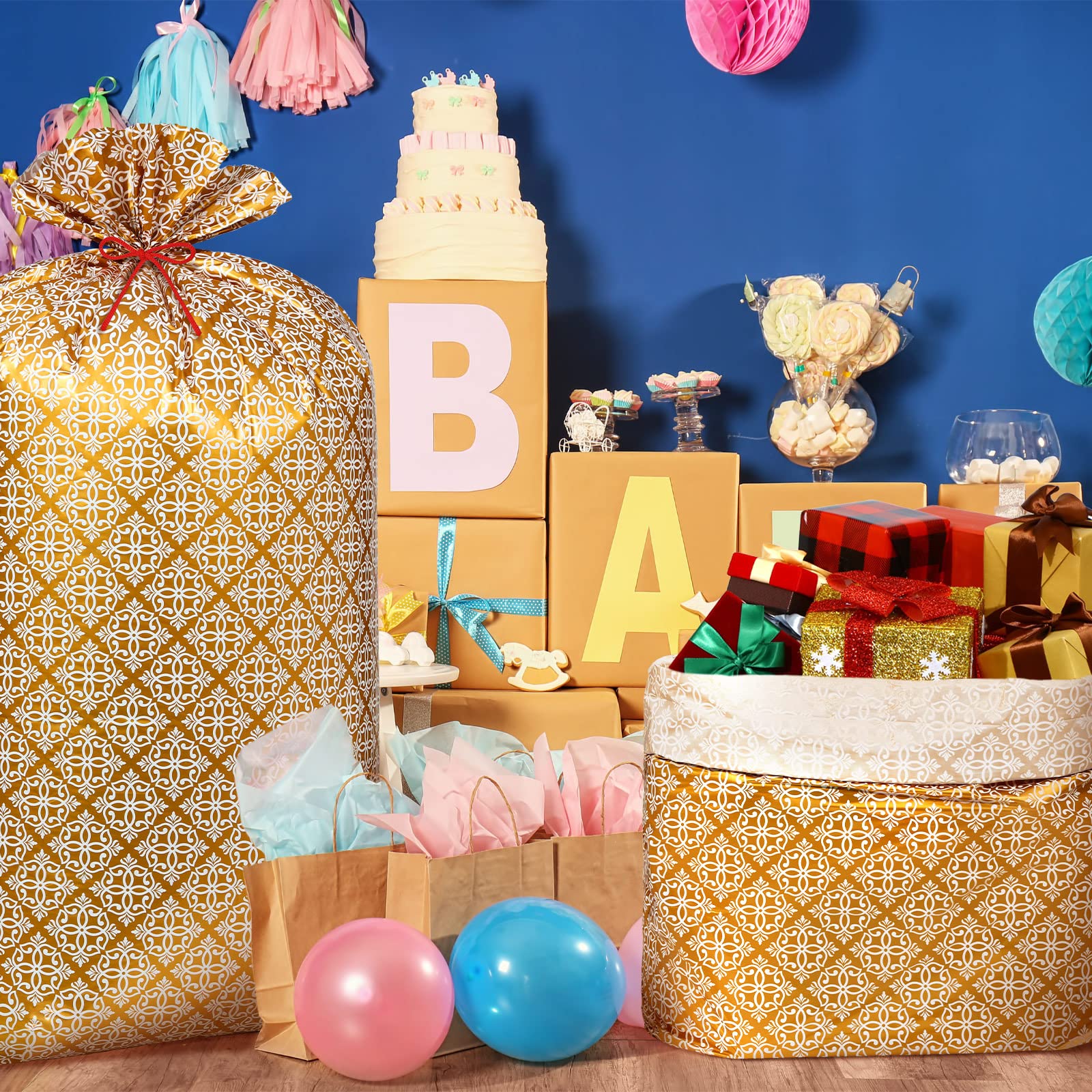 Leinuosen 2 Pcs 70 Inches Jumbo Gift Bag Large Golden Plastic Gift Bag Extra Large Wedding Bag Oversized Gift Bags with Ropes for Bachelorette Parties Bridal Showers Baby Shower (Texture)