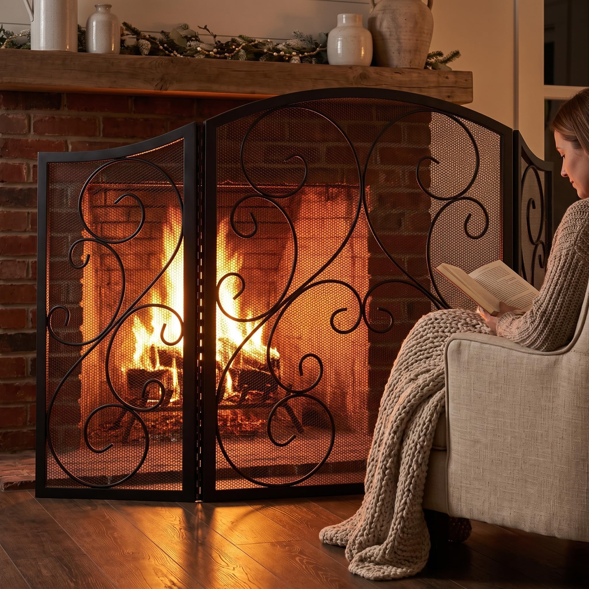 3 Panel Wrought Iron Fireplace Screen 48ร30In(Black) | highโdensity welded mesh,heavy forged iron,powderโcoated,piano hinge,foldable ,thick base feet,clear fire view,scroll carving