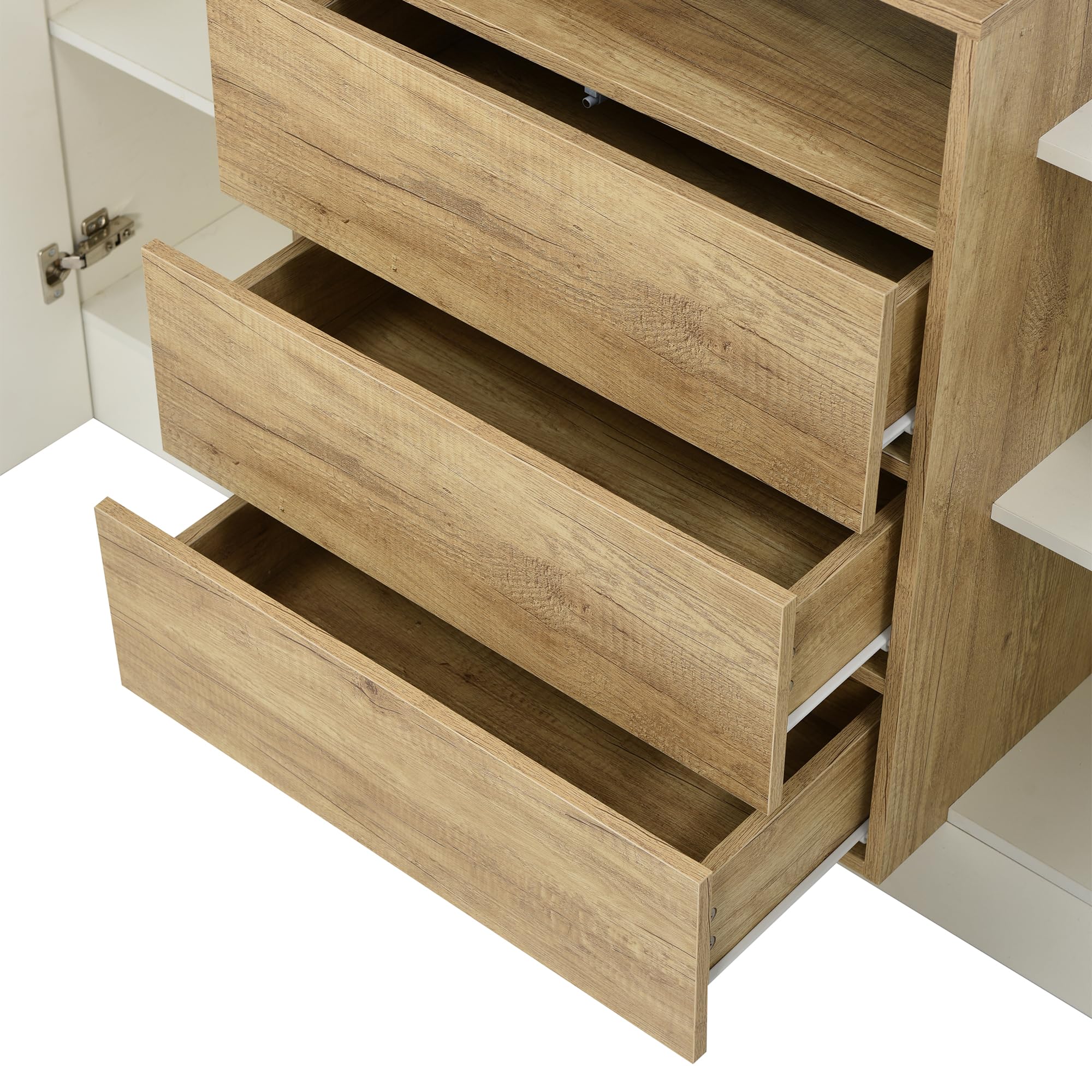 BTM Sideboard, 140 Kommode LED mit 3 Schubladen & 2 Türen, Moderne Glänzend Schrank Wohnzimmer, Hohe 140x30x90 cm, Weiss & Holz