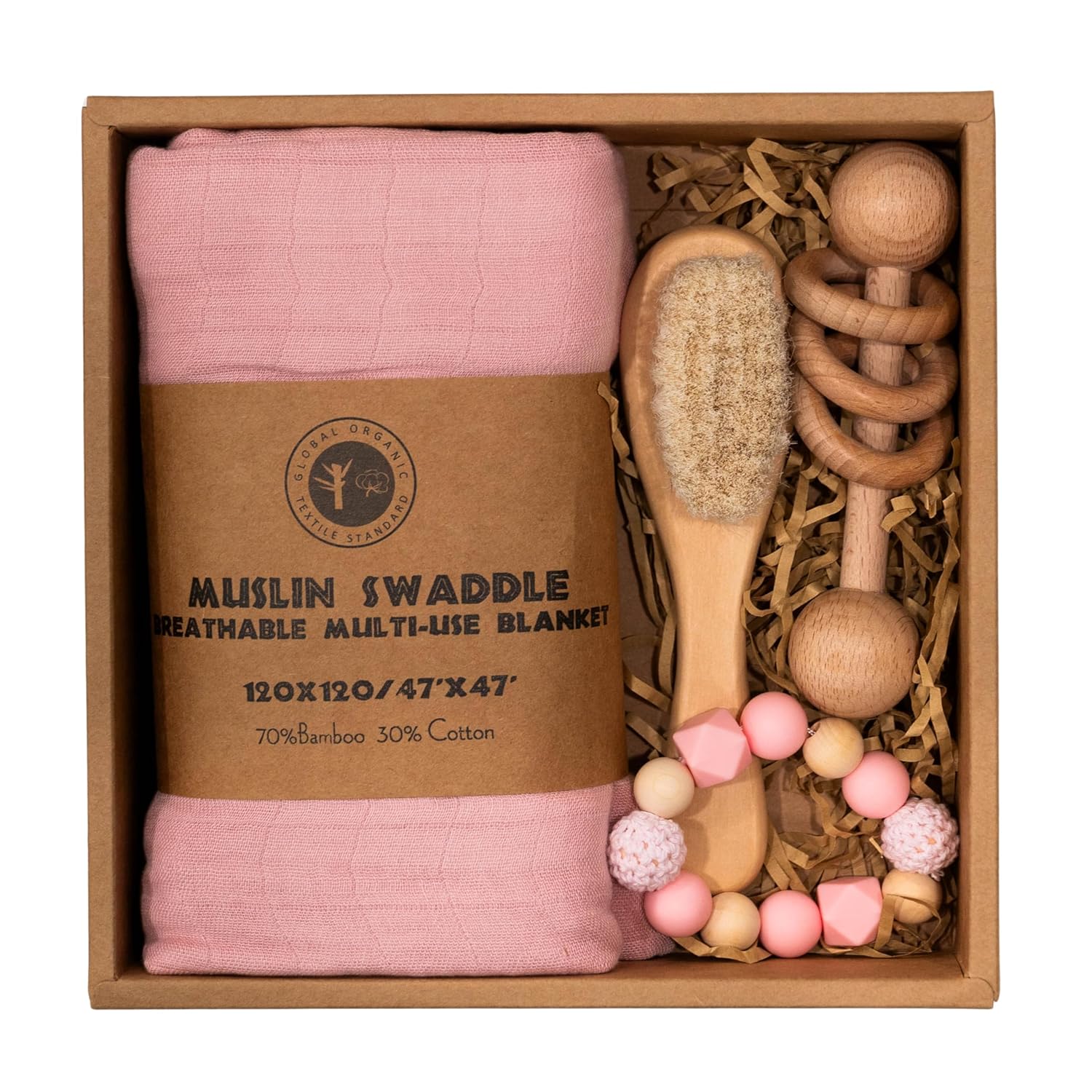 Newborn Baby Gift Box with Bamboo Muslin Swaddle Blanket, Wood Rattle Toy and Wool Brush, Welcome Box for Baby Shower (Pink)
