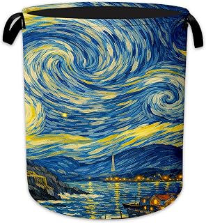 Starry Night Laundry Basket, Foldable Oxford Cloth Coastal Lighthouse Laundry Hamper with Handles, Tote Bag Clothes Storage Bucket for Laundry Room/Bathroom/Bedroom/Dormitories 20.8"x16"