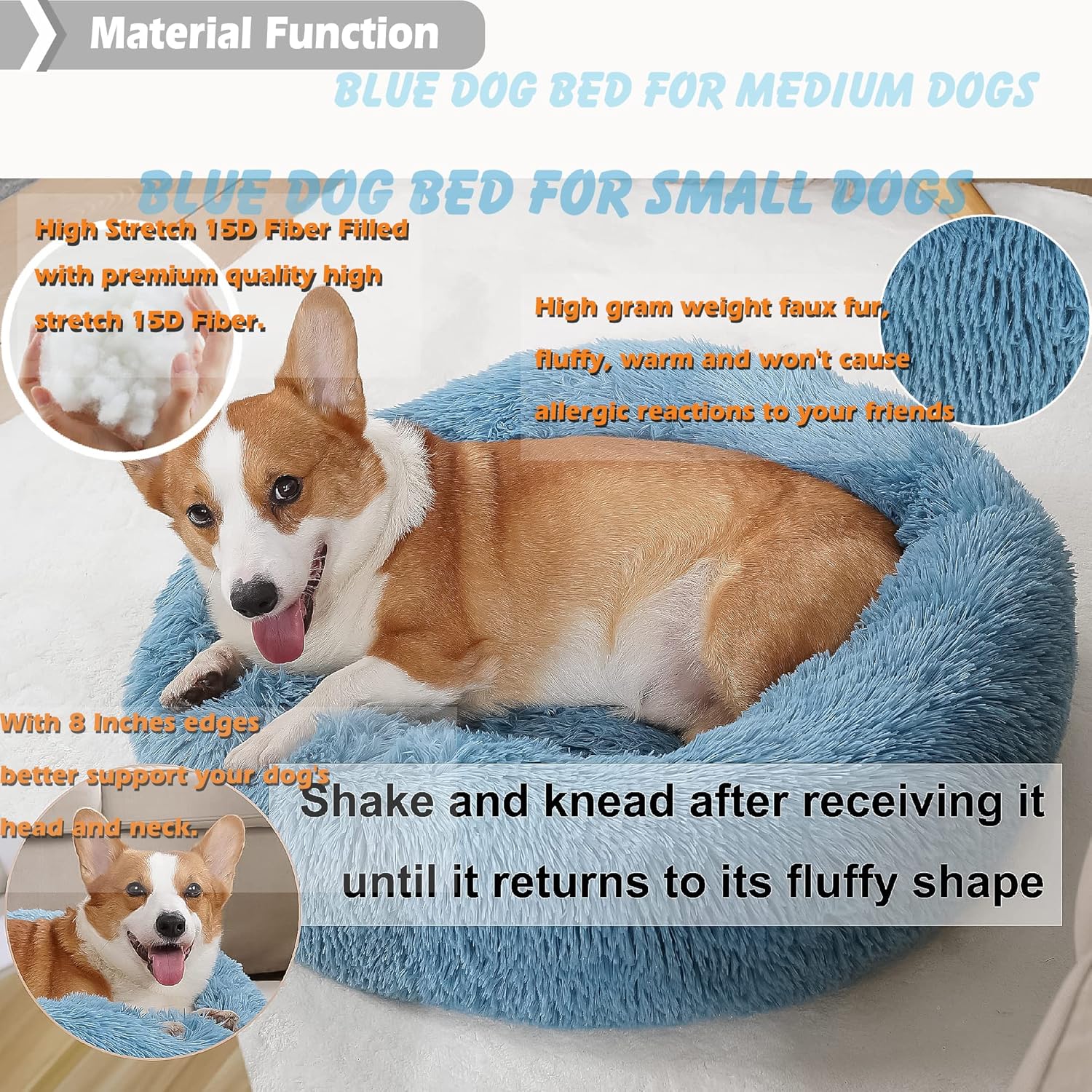 calming donut dogs beds for small dogs washable,28inch plush round pet bed for cozy sleep,fluffy faux fur large cat bed,fits up to 30 lbs pets,washed blue 30 inches lake blue