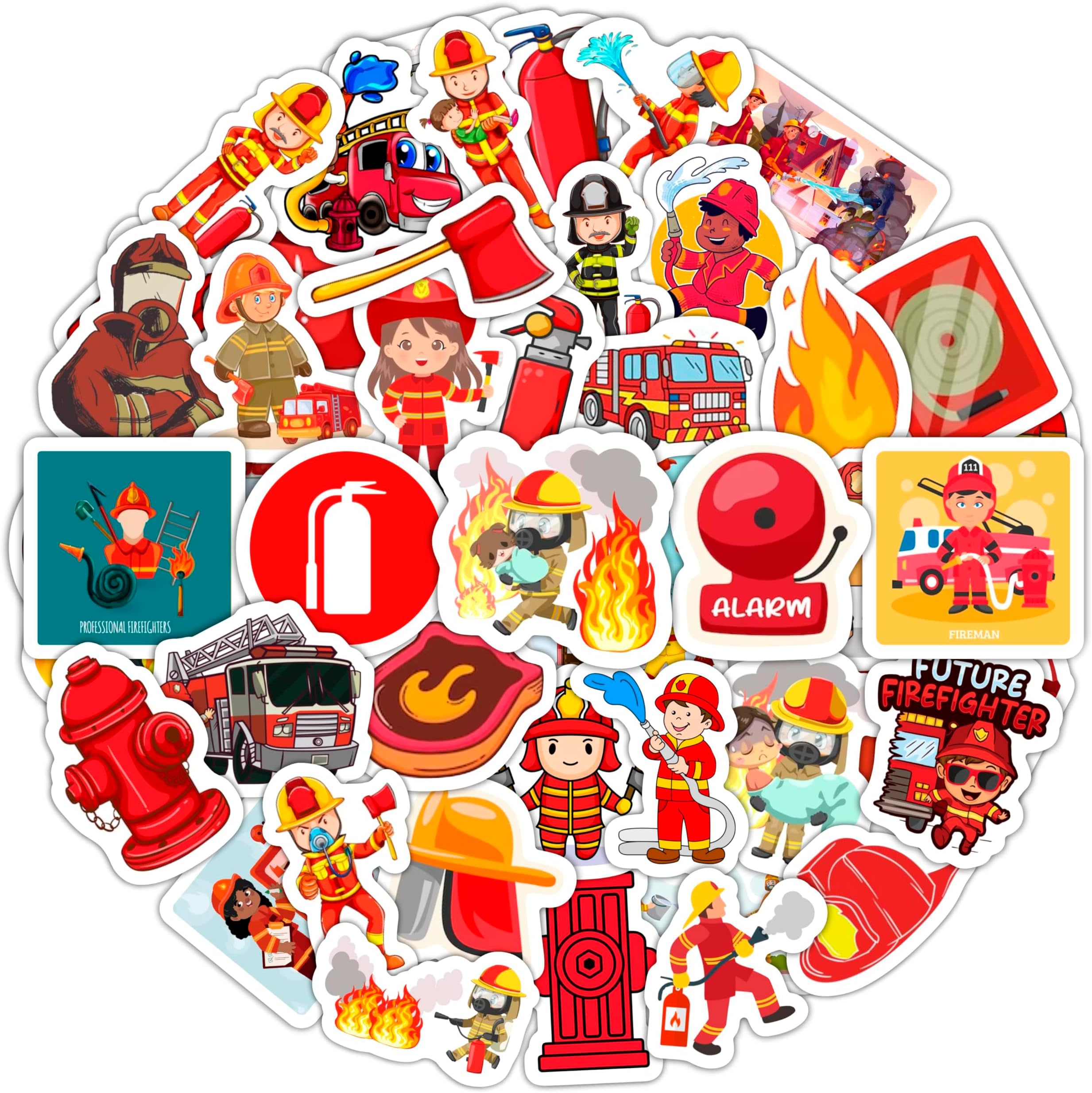 BulbaCraft Firefighter Stickers for Kids, 100Pcs Vinyl Decals, Waterproof, Reusable, Party Favors, School Supplies, Fire Truck Theme, Unisex