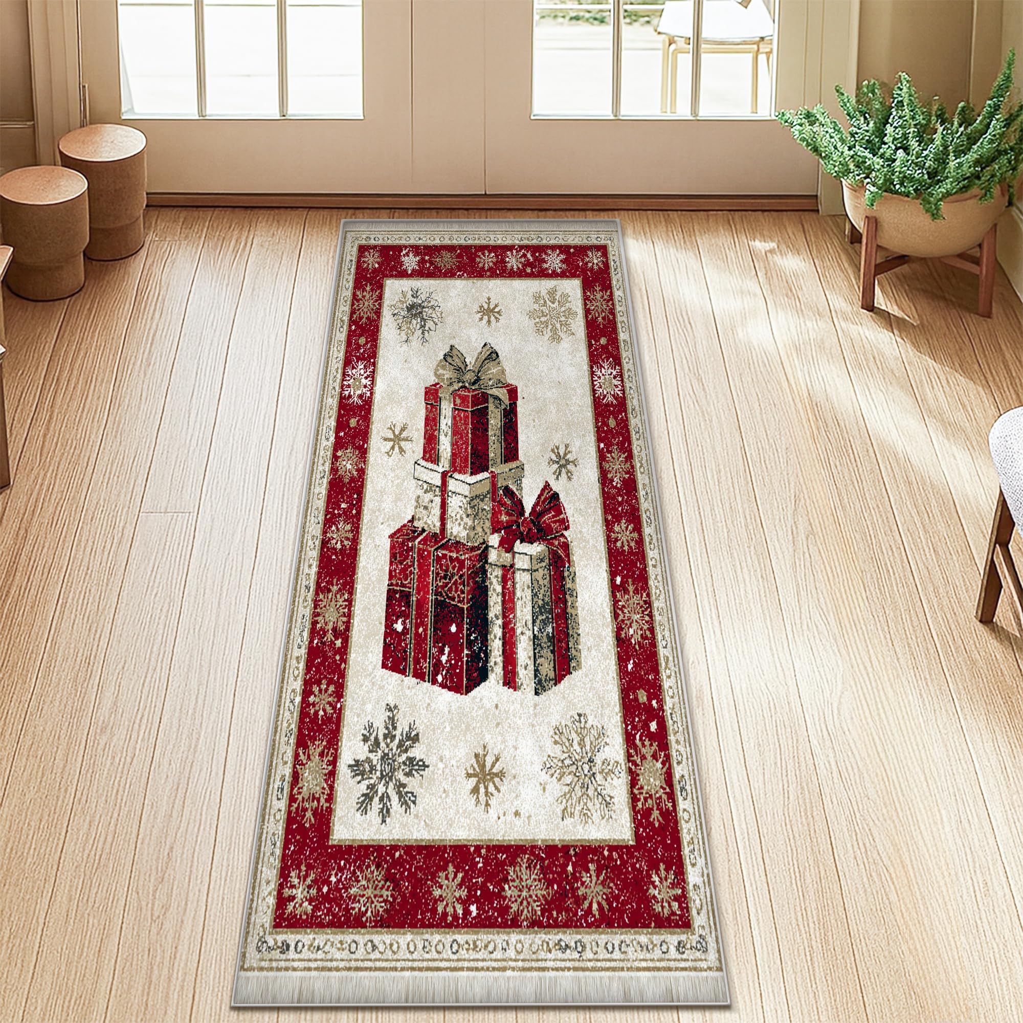 Tapis de couloir de Noël rouge antidérapant pour entrée chaleureuse