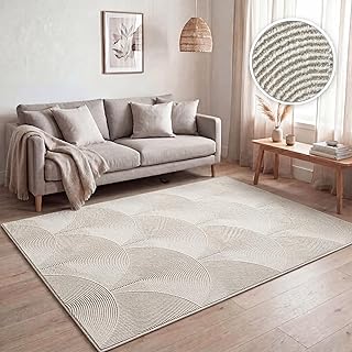 Paco Home Teppich Wohnzimmer Kurzflor, Moderne geometrische abstrakte Muster, 3D-Effekt, Regenbogen und Karo Design, glänzend luxuriös Ton in Ton, Farbe:Creme - Bogen, Grösse:160x220 cm