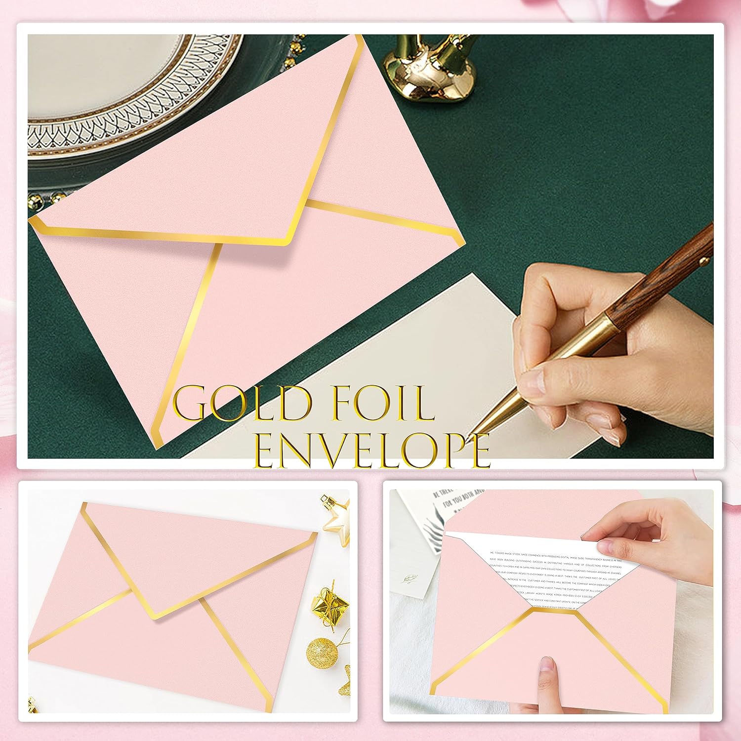 100 Pack 5x7 A7 Envelopes for Invitations, 250g Pearl Cardstock A6 4x6 Envelopes with Gold Foil V Flap, Mailing Envelope for Gift Card, Wedding, Baby Shower, Valentine's Day (Peach Pink)