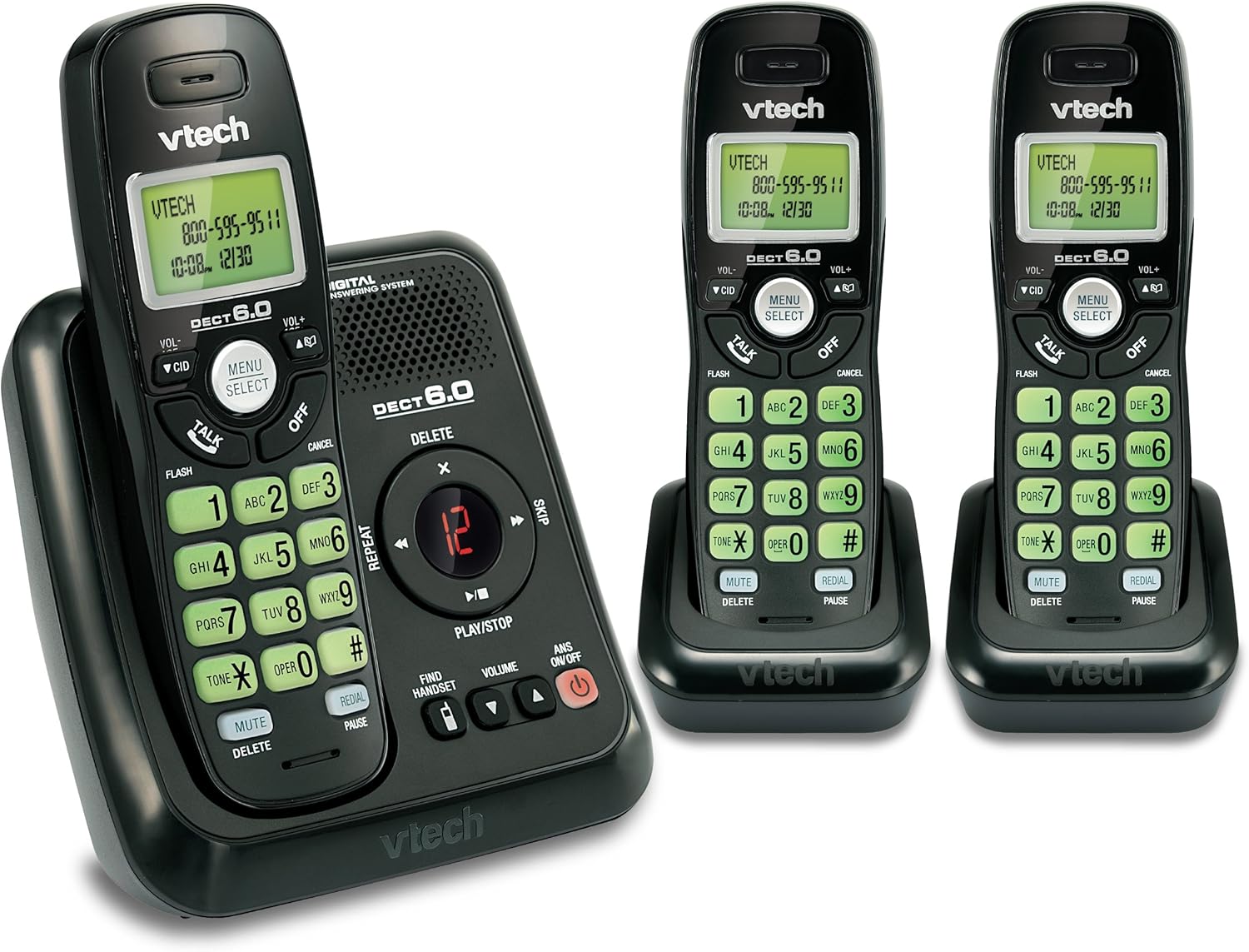 Vtech DECT 6.0 3 Cordless Phones with Caller ID, ITAD, Black CS6124