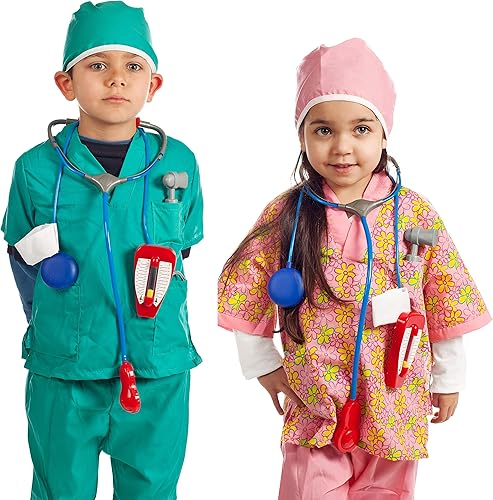 IQ Toys Juego de disfraces de doctor y enfermera juego de simulación para niños y niñas con 2 juegos de 7 accesorios incluyendo estetoscopios y kit