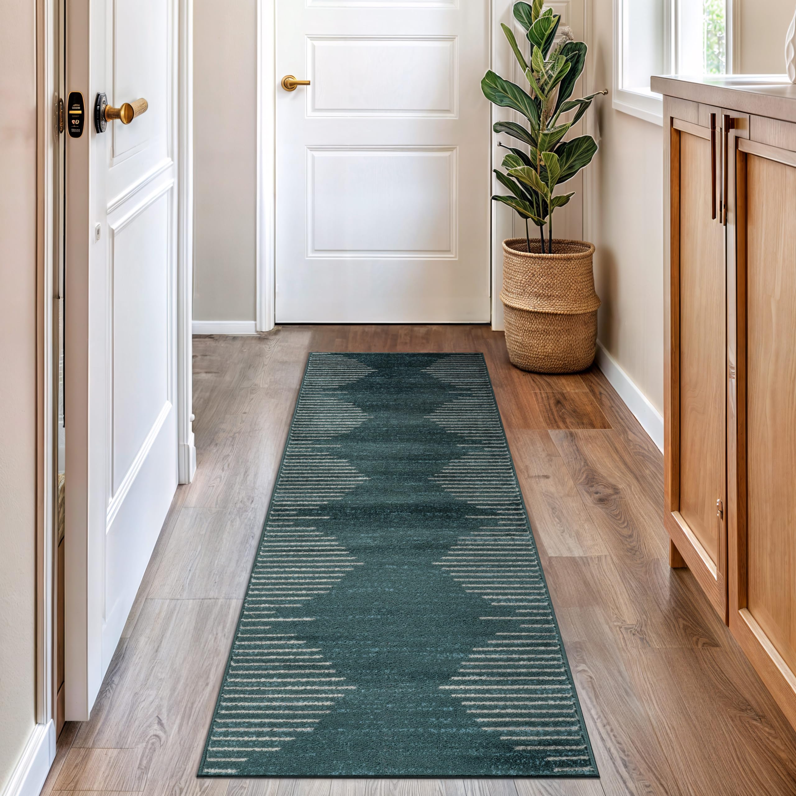 Rugshop Bohemian Stripe Stain Resistant High Traffic Living Room Kitchen Bedroom Dining Home Office Area Rug 2' x 7' Teal