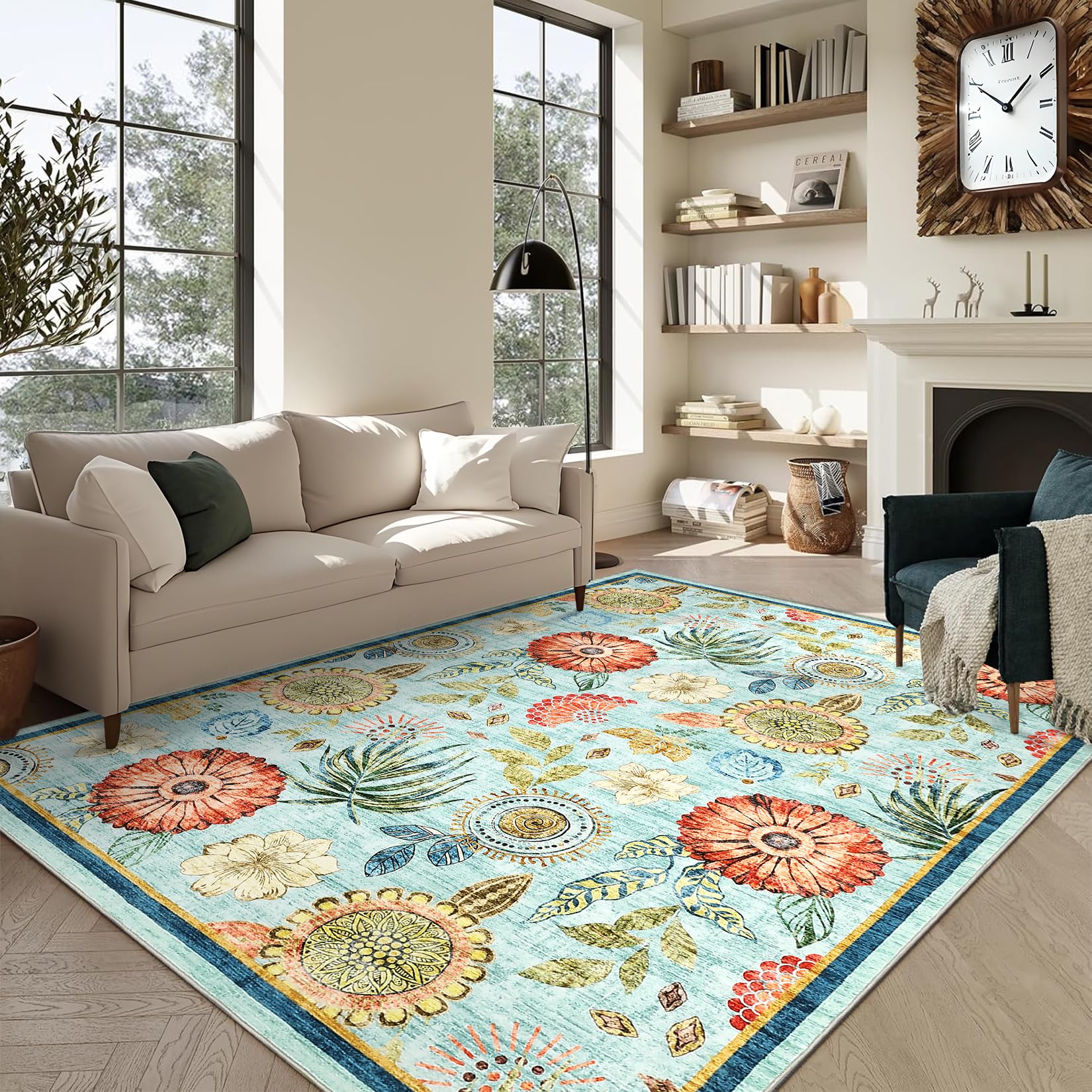 GarveeHome 8x10 Floral Washable Area Rug: Large Living Room Area Rug with Non-Slip Backing Washable Ultra Soft Bedroom Floral Carpet Indoor Stain