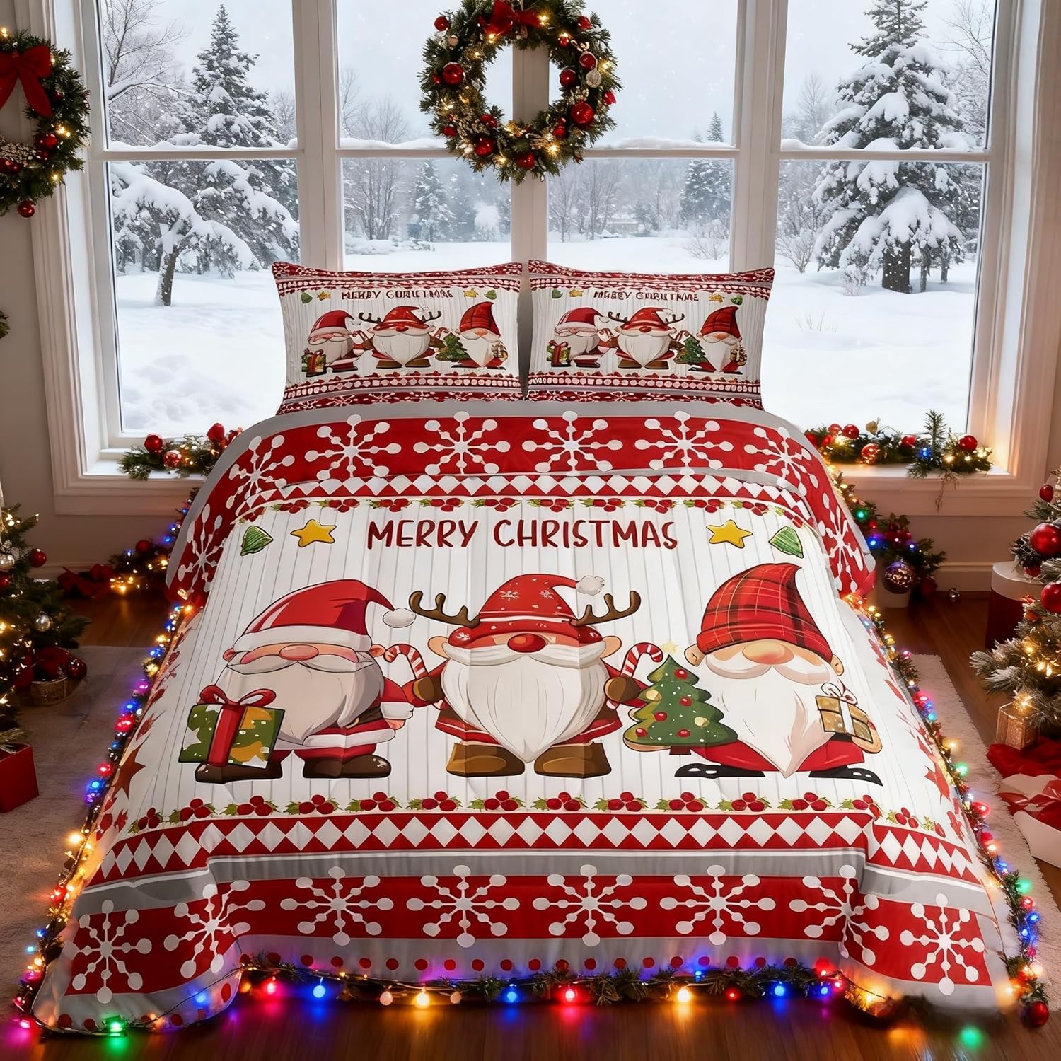 Manfei Cute Gnomes Kids Comforter Set King Size,Merry Christmas Snowflake Dreamy Bedding Set,Girls Boys Adults Room/Cabin Decor,Happy New Year Down Comforter,Red Romantic Duvet Insert,2 Pillowcases