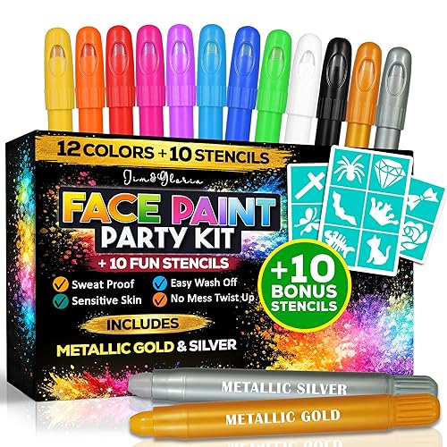 Jim&Gloria Kit de pintura facial con plantillas, 12 grandes kit profesional de pintura facial para maquillaje de fiesta de niños, pintura facial