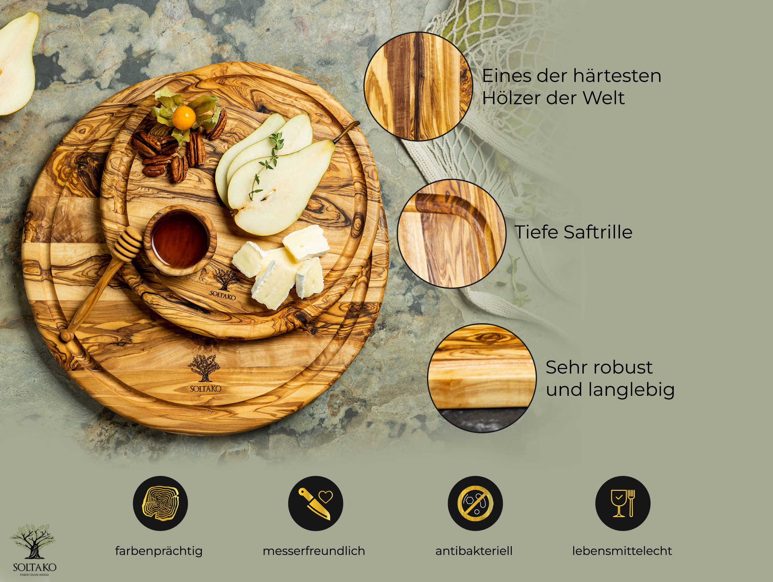 SOLTAKO Schneidebrett aus Olivenholz rund "The Riesenrad" Ø 32 cm, rundes Oliven Holz Brett mit Saftrille