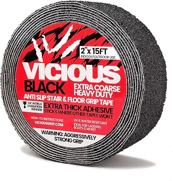 Vicious Black Extra Coarse Heavy Duty Anti Slip Safety Traction Tape | 2 Inch x 15 Feet | Indoor Outdoor Industrial Commercial Use | Waterproof, Oil Resistant, Durable