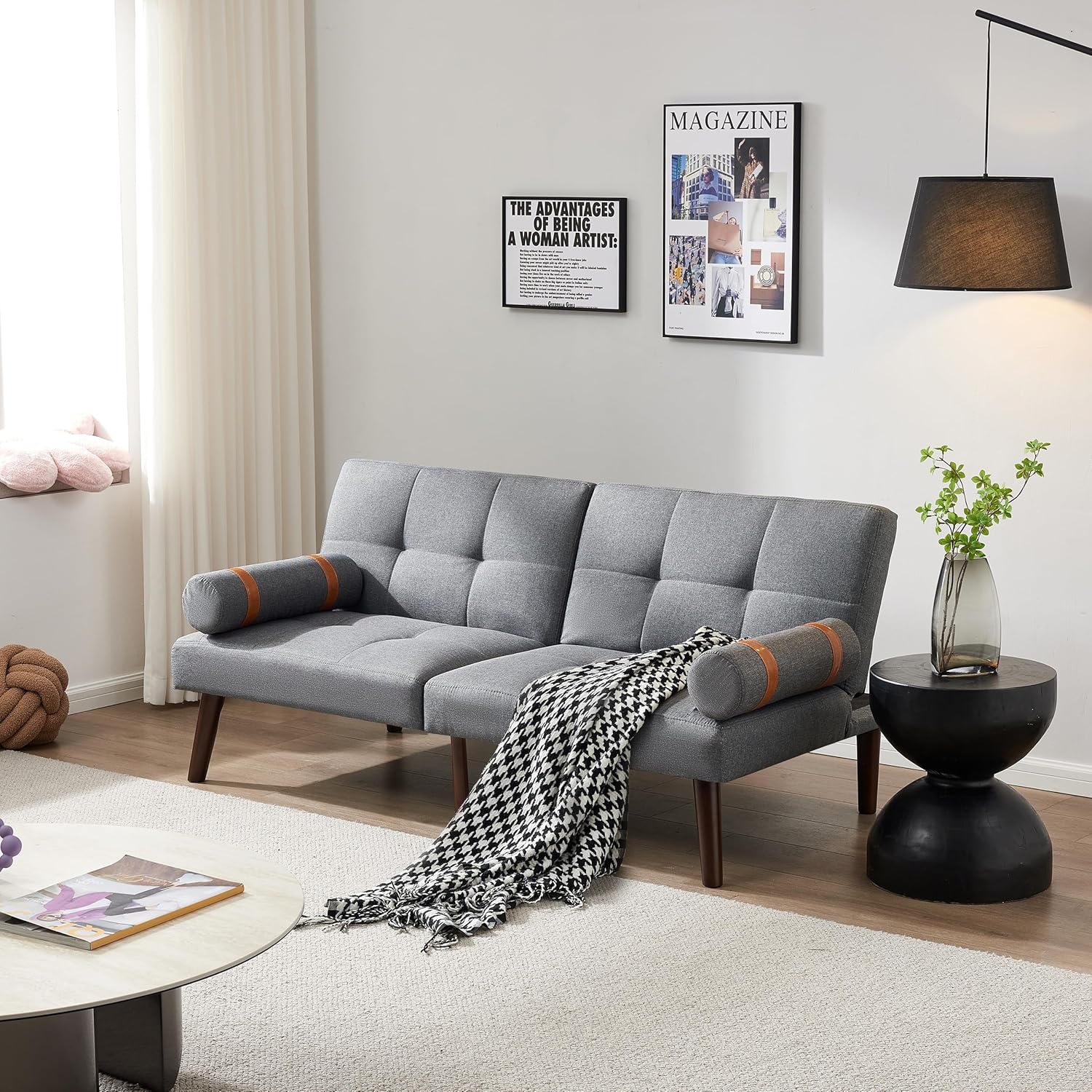 Convertible Sofa Bed Futon with Solid Wood Legs Linen Fabric Grey
