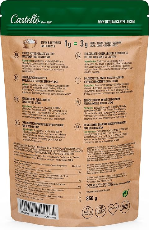 Castello since 1907 Stevia + Erythritol 1:3 Sweetener 850g| 1g3g sugar