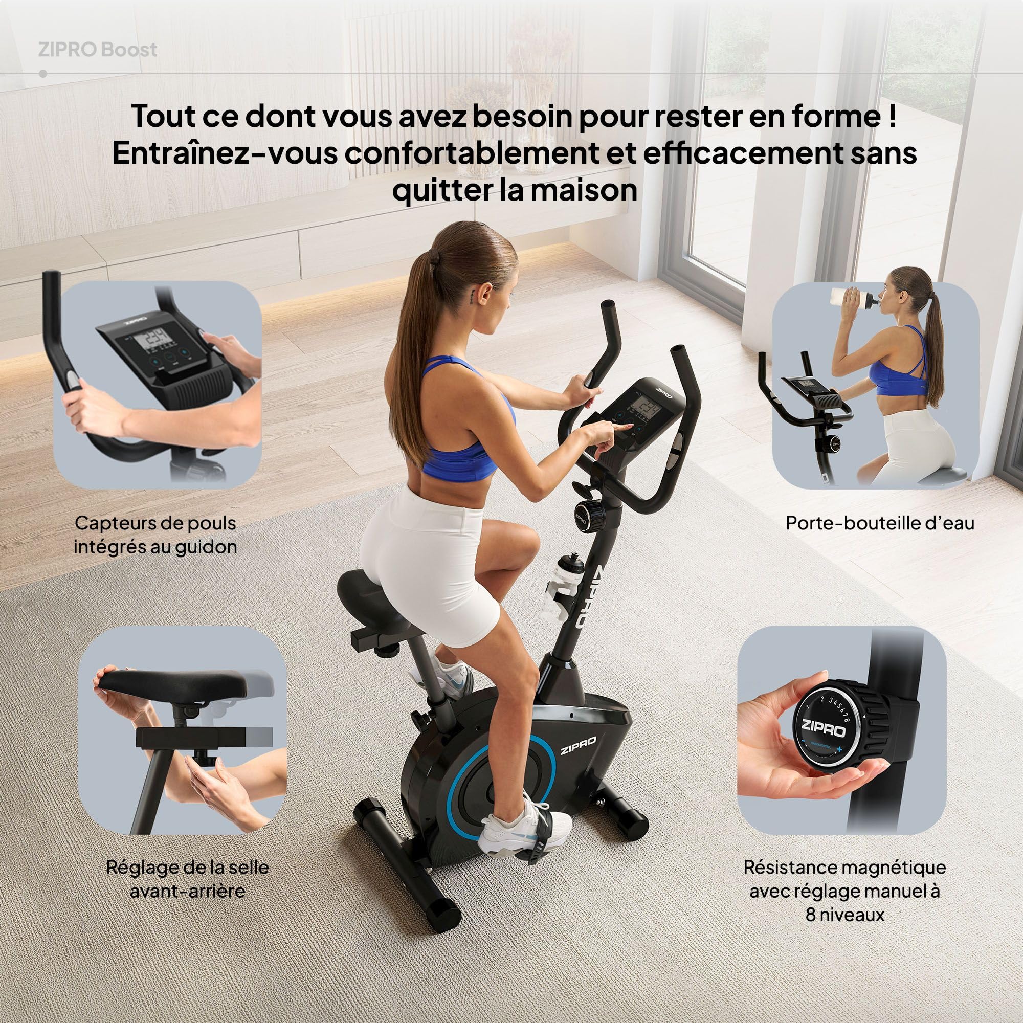Zipro Vélo d'appartement Boost, Ergomètre Fitness, Vélo d'appartement magnétique, Ergomètre jusqu'à 120 kg, Vélo d'intérieur, Vélo d'entraînement à domicile, Ergomètre à piles