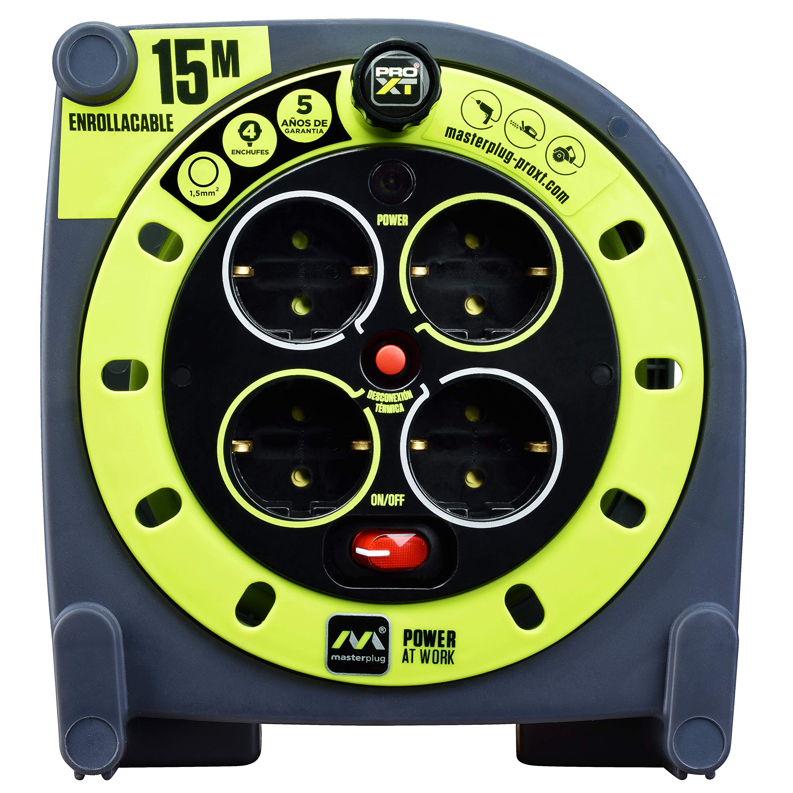 Masterplug Pro-XT Kabeltrommel, 15 m, 4 Schuko-Verlängerungen, 3.000 W, Grau/Grün