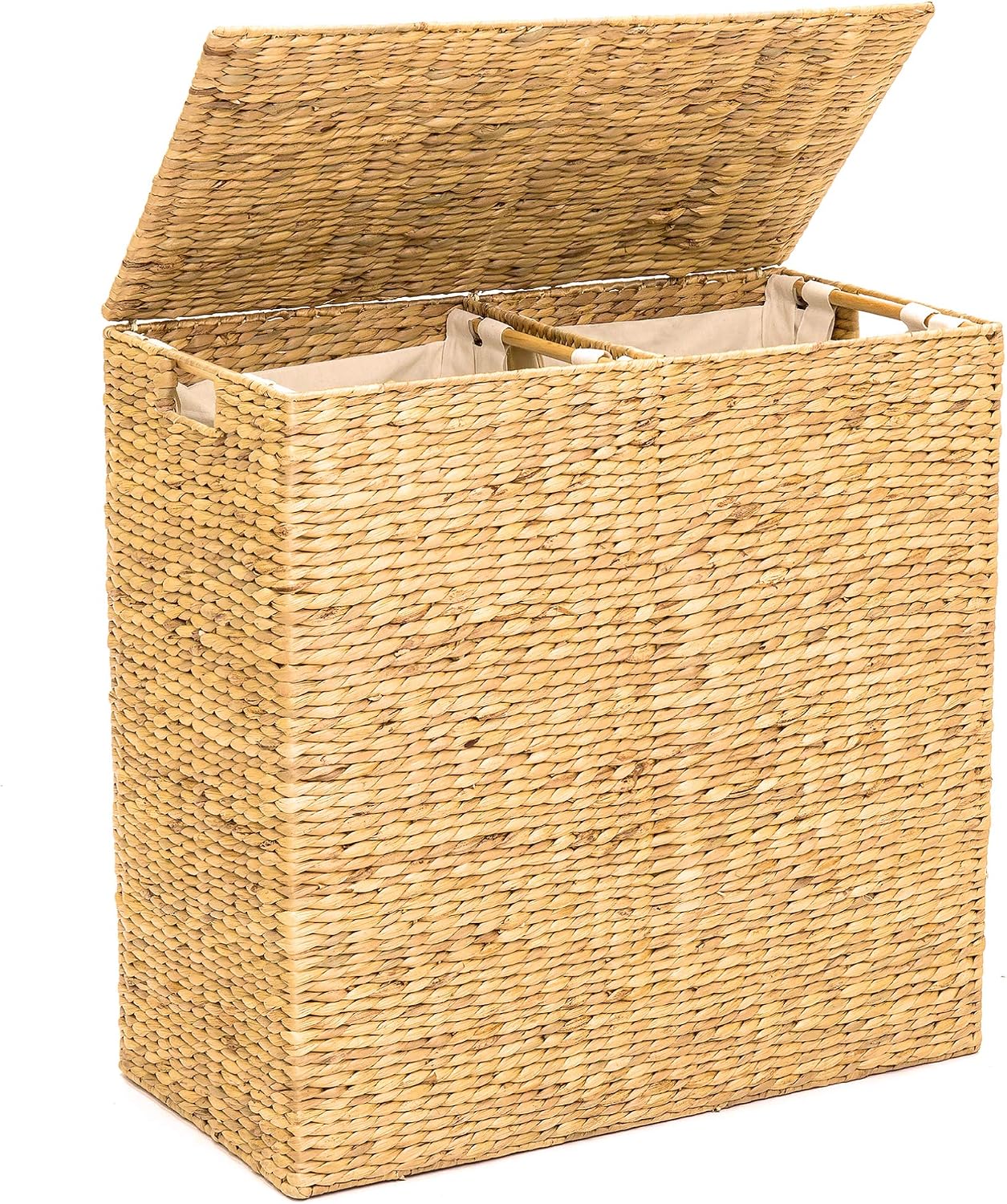 Best Choice Products Rustic Extra Large Natural Woven Water Hyacinth Double Laundry Hamper Storage Basket w/ 2 Removable Machine Washable Cotton Liner Bags, Divided Interior, Lid, Handles- Natural
