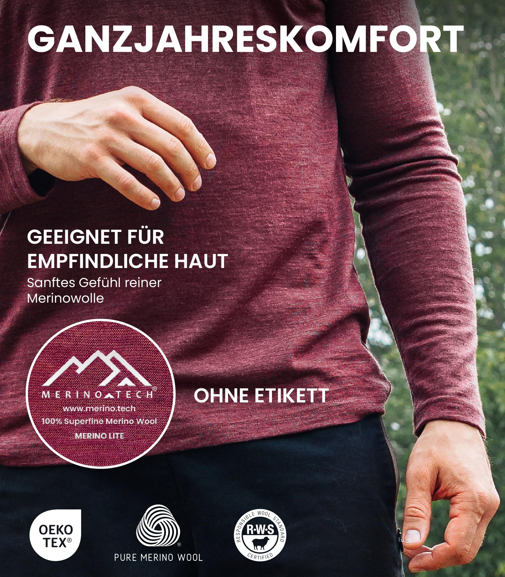 Merino.tech 100% Merino Shirt Herren Langarm - Henley Shirt mit Knopfleiste