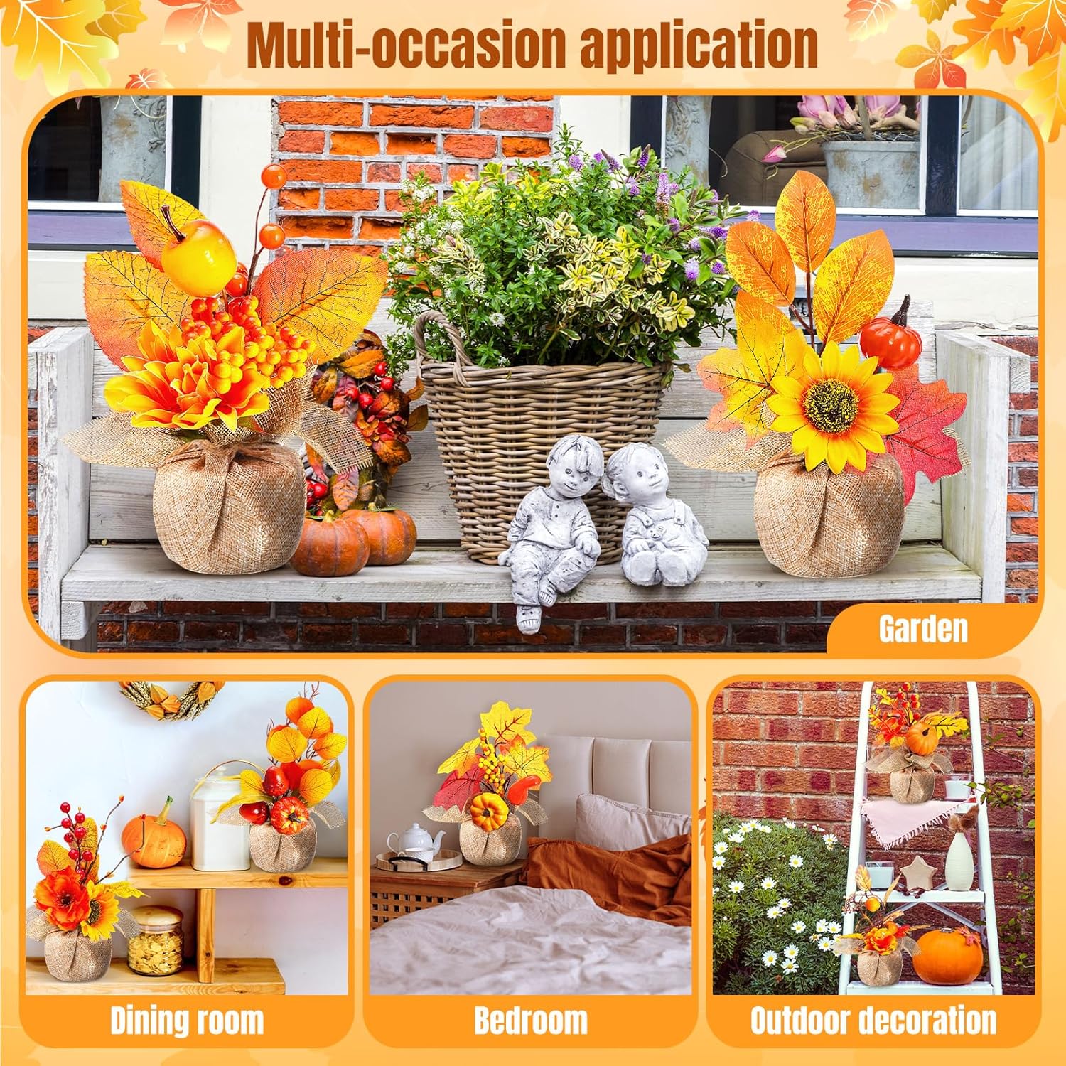 Giegxin 10 Pcs Thanksgiving Fall Halloween Artificial Potted Flowers Fall Decor Fake Potted Plants with Pumpkin, Sunflower, Maple Leaf, Pine Cone for Autumn Harvest Decor, Table Centerpiece(Burlap)