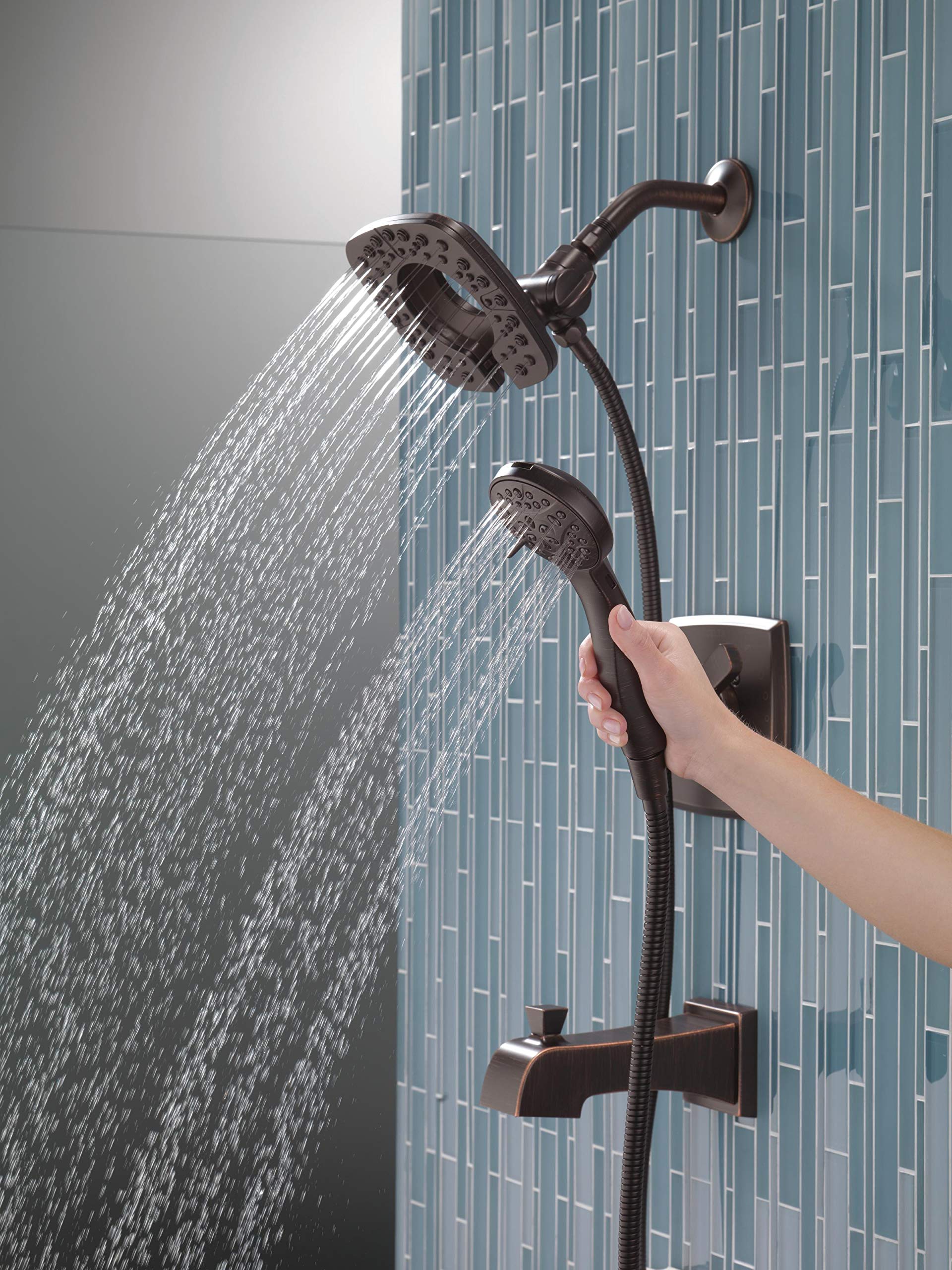 Delta Ashlyn seria 17 podwójny zestaw wykończeń do wanny i prysznica z 2-natryskiem Touch Clean In2ition 2 w 1 ręczna głowica prysznicowa z wężem, brąz wenecki T17464-RB-I (zawór nie jest dołączony)