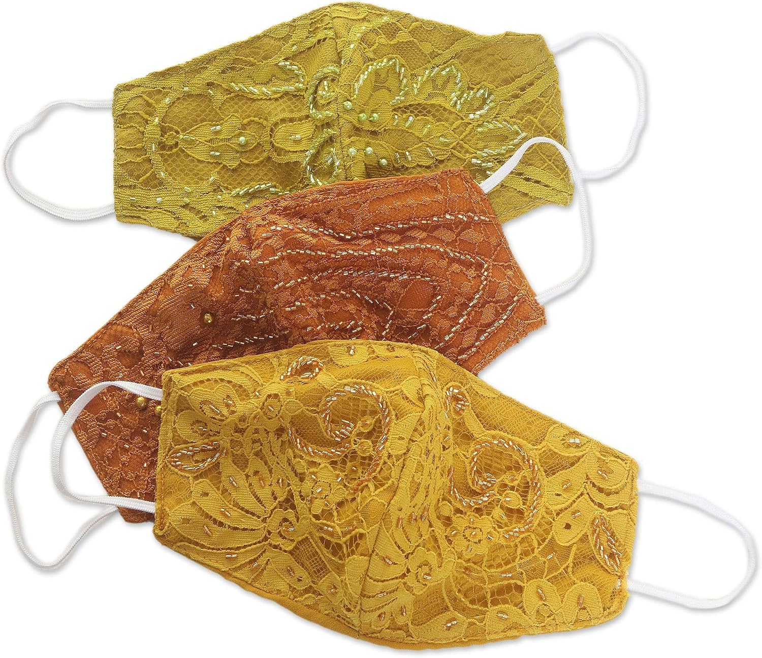 NOVICA Artisan Handmade Beaded Rayon Lace Face Masks 3 Contoured 2layer Accessories Yellow Green Orange Assorted Double Ear Loop Embroideredsolid Indonesia Embellished ' Island Glamour' Set of 3