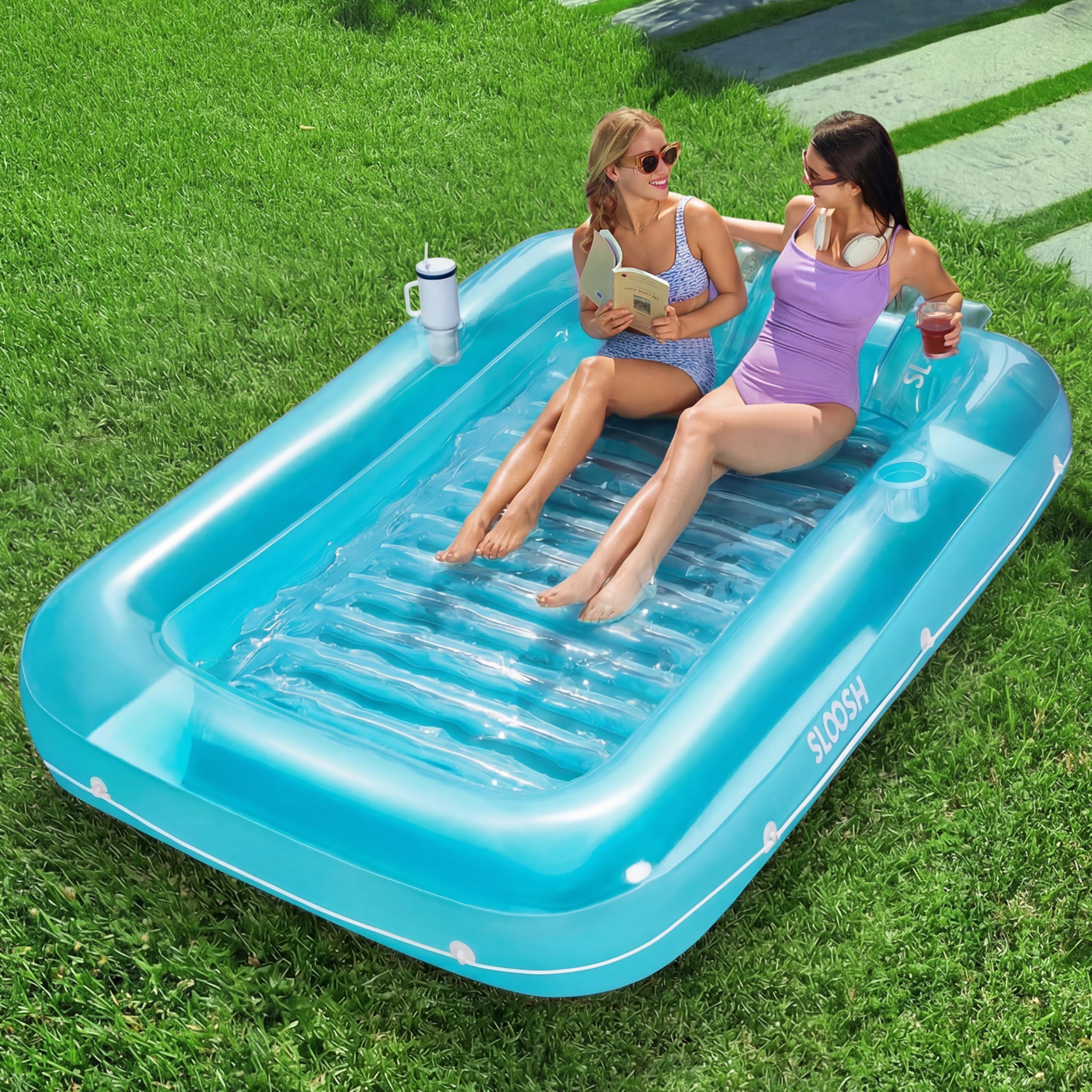 Sloosh Inflatable Tanning Pool Lounge Float, 70" x 46" and 85" x 57" Sun Tan Tub Adult Pool Floats Raft for Pool Sunbathing Suntan Inflatable Pool Lounger Tanning Bed Floatie for Adults