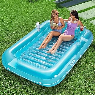 SLOOSH Inflatable Tanning Pool Lounger Float, 85" x 57" Extra Large Pool Floats Adult with Pillow, 4 in 1 Suntan Tub Raft Floatie,Sunbathing Bed Lounge for Water Blow Up Ball Pit Party Gifts, XL-Blue