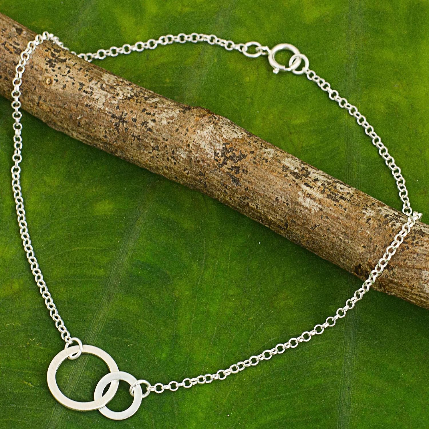 NOVICA Artisan Handcrafted Sterling Silver Two Circle Anklet Thai 2 Brushed Charm Thailand Geometric Inspirational [9.75 in L 2 mm W Medallions 0.7 in L x 0.5 in W] ' Relationship'