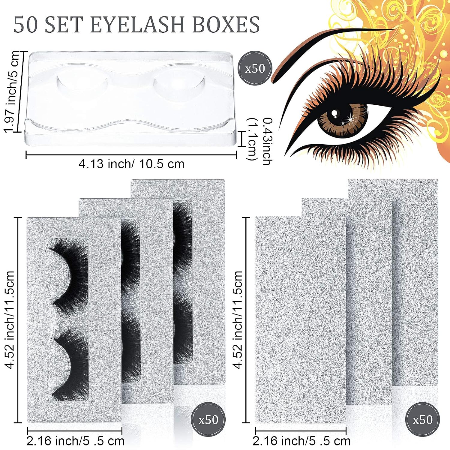 50 Sets Empty Eyelash Case Set, Include 50 Empty Eyelash Box Lash Box Packaging Eyelash Storage Box, 50 Eyelash Box Tray False Eyelash Storage Box Tray, 50 Internal Background Paper (Silver)