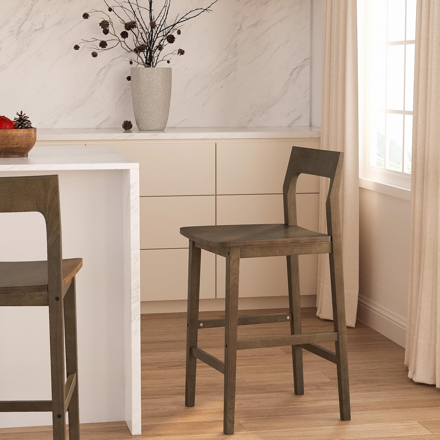 Wood Bar Stools Set of 2, Counter Height Barstools Armless Farmhouse Wooden Bar Dining Chairs with Solid Wood Legs for Kitchen Island Cafe Pub, Brown